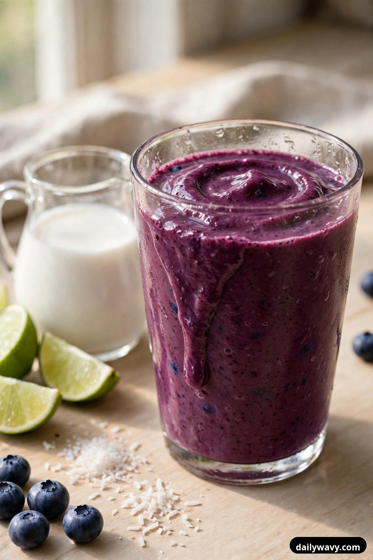 A tall glass of deep-purple blueberry coconut smoothie stands beside a small pitcher of coconut milk and lime wedges, with blueberries scattered on the wooden board.