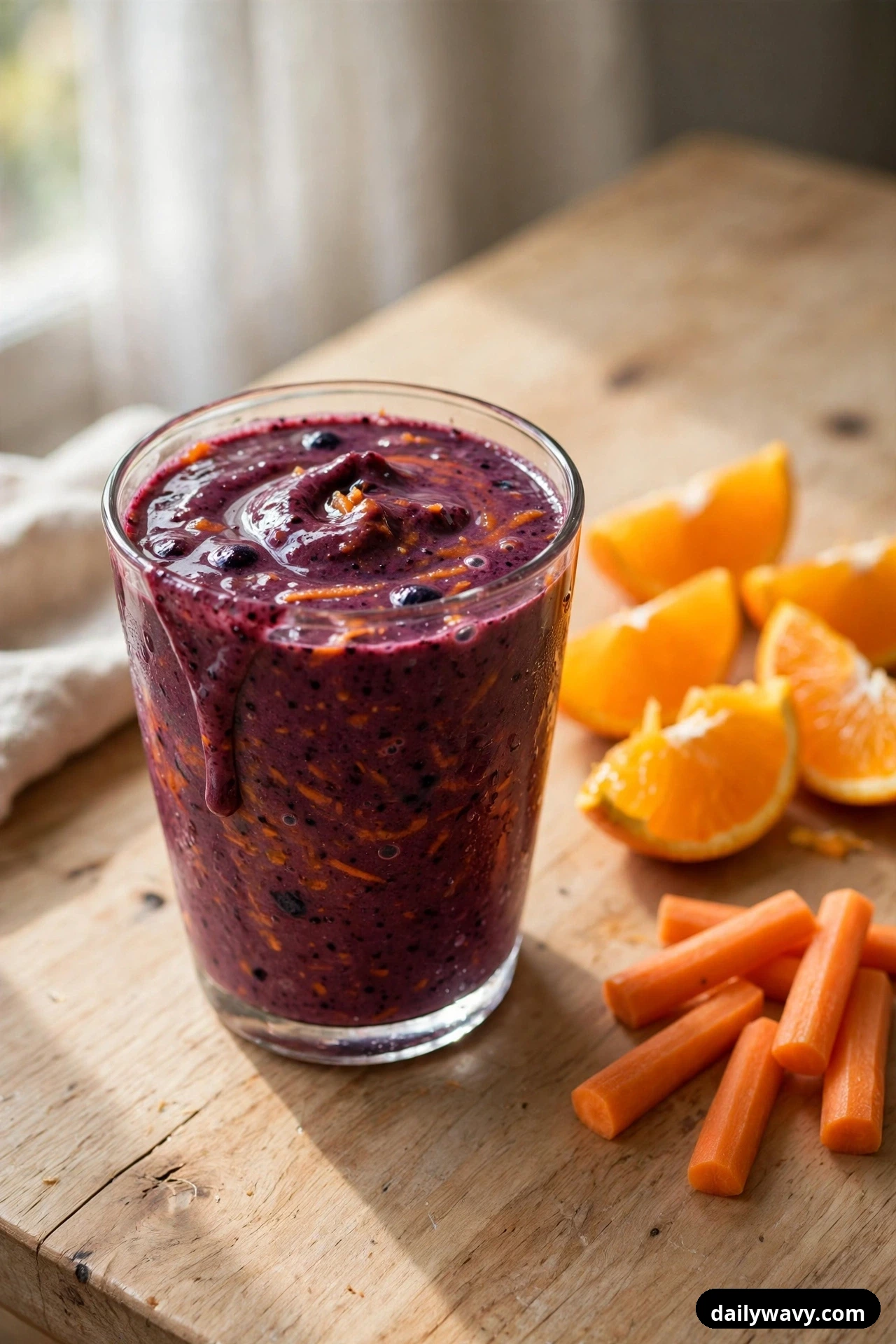 A tall glass of deep-purple blueberry smoothie flecked with carrot stands on a wooden board beside orange wedges and carrot sticks.