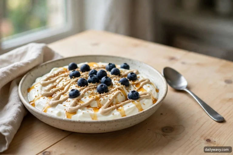 Blueberry yogurt bowl with creamy Greek yogurt, fresh blueberries and crunchy granola topping