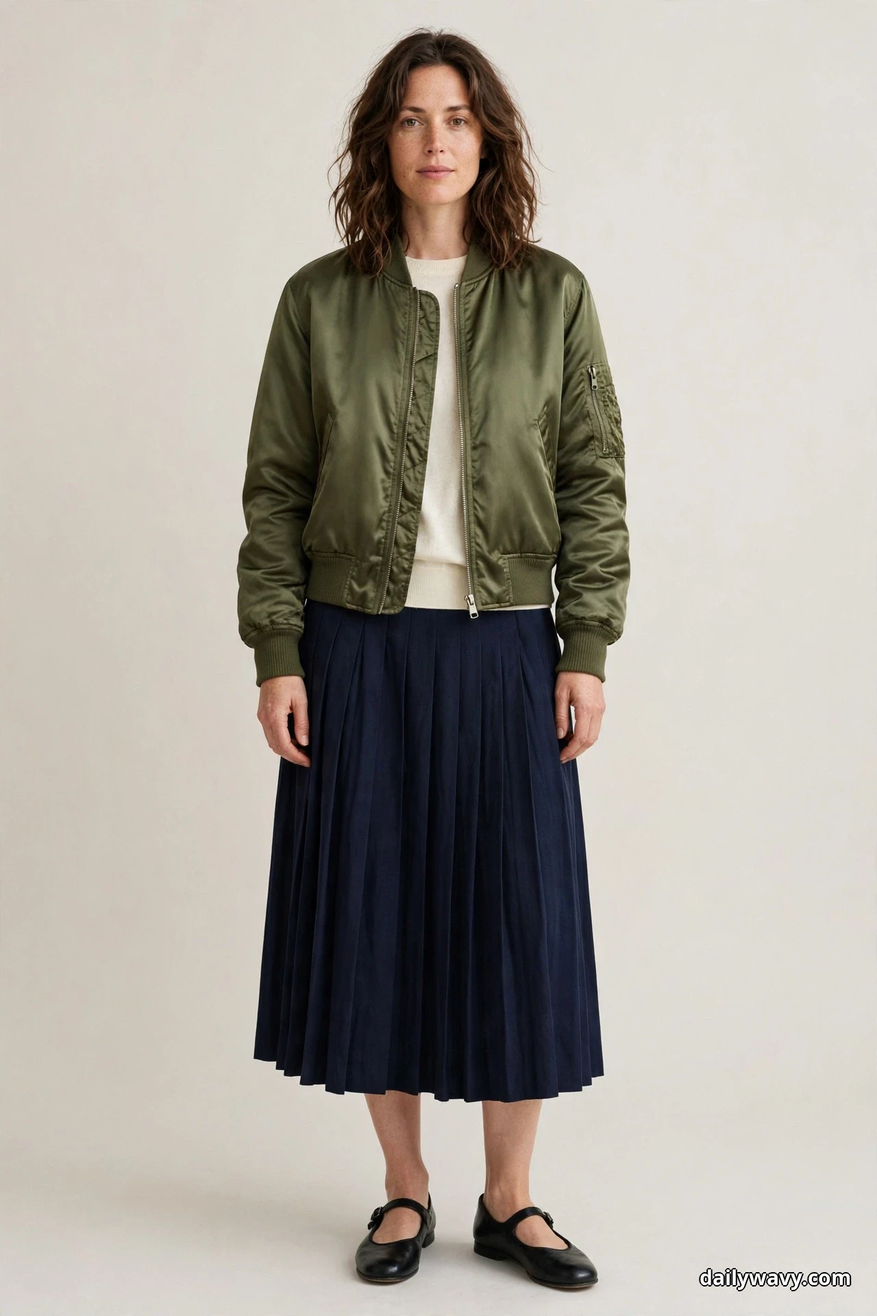 A woman stands full length facing the camera against a plain light backdrop wearing an olive satin bomber jacket zipped up over a cream crewneck sweater, with a navy pleated midi skirt and black Mary Jane flats
