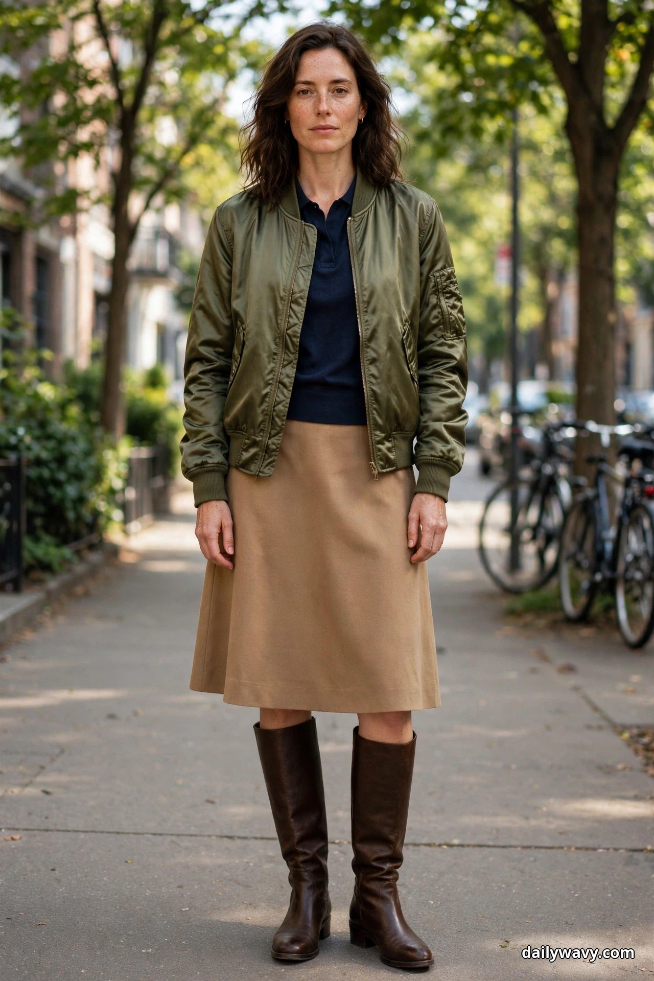A woman stands full length on a tree-lined sidewalk wearing an olive satin bomber jacket open over a navy polo knit, with a camel A-line skirt that ends below the knee and dark brown knee-high boots