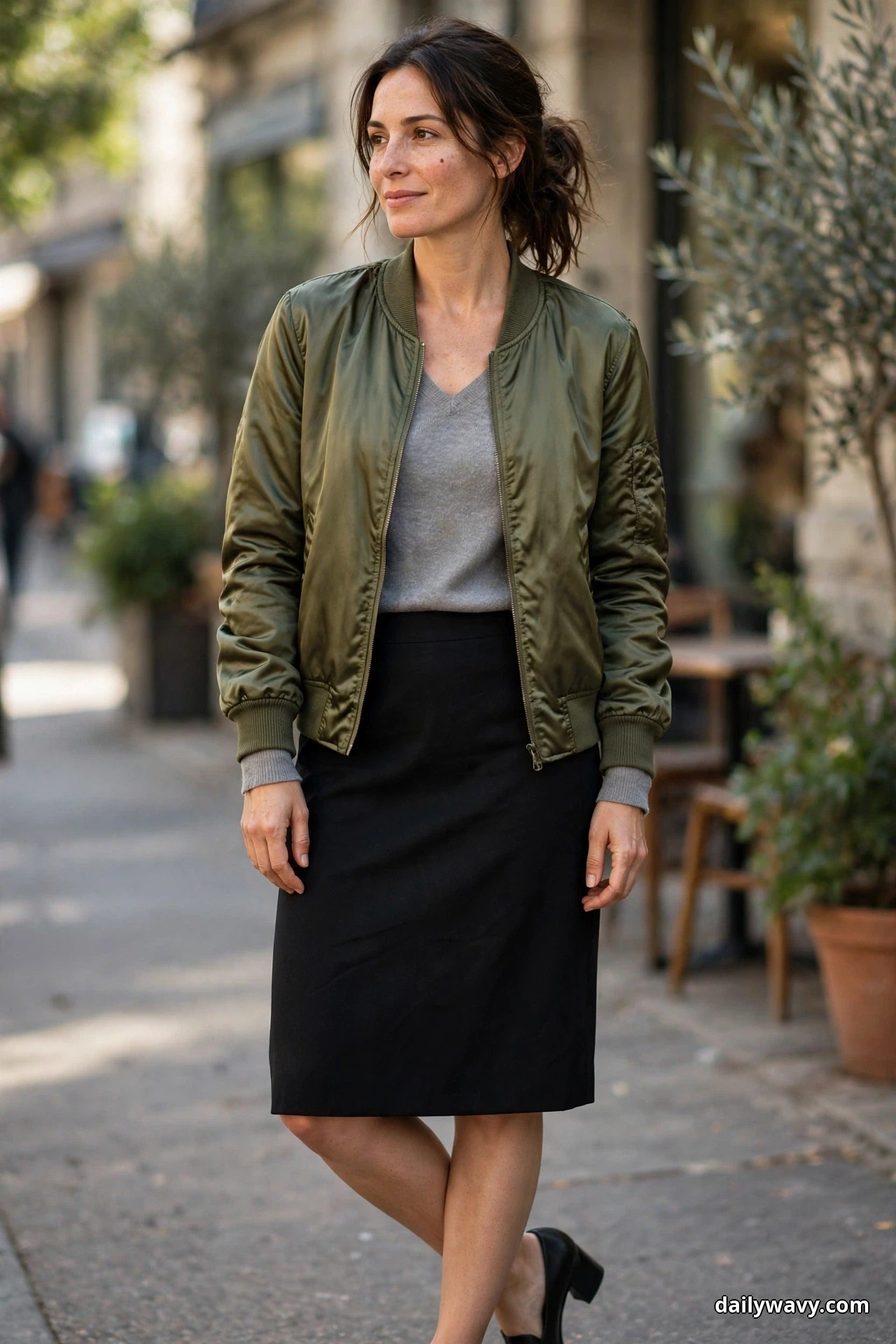 A woman walks along a cafe street wearing an olive satin bomber jacket open over a gray V-neck sweater, with a black straight skirt that ends just below the knee and black low block heels