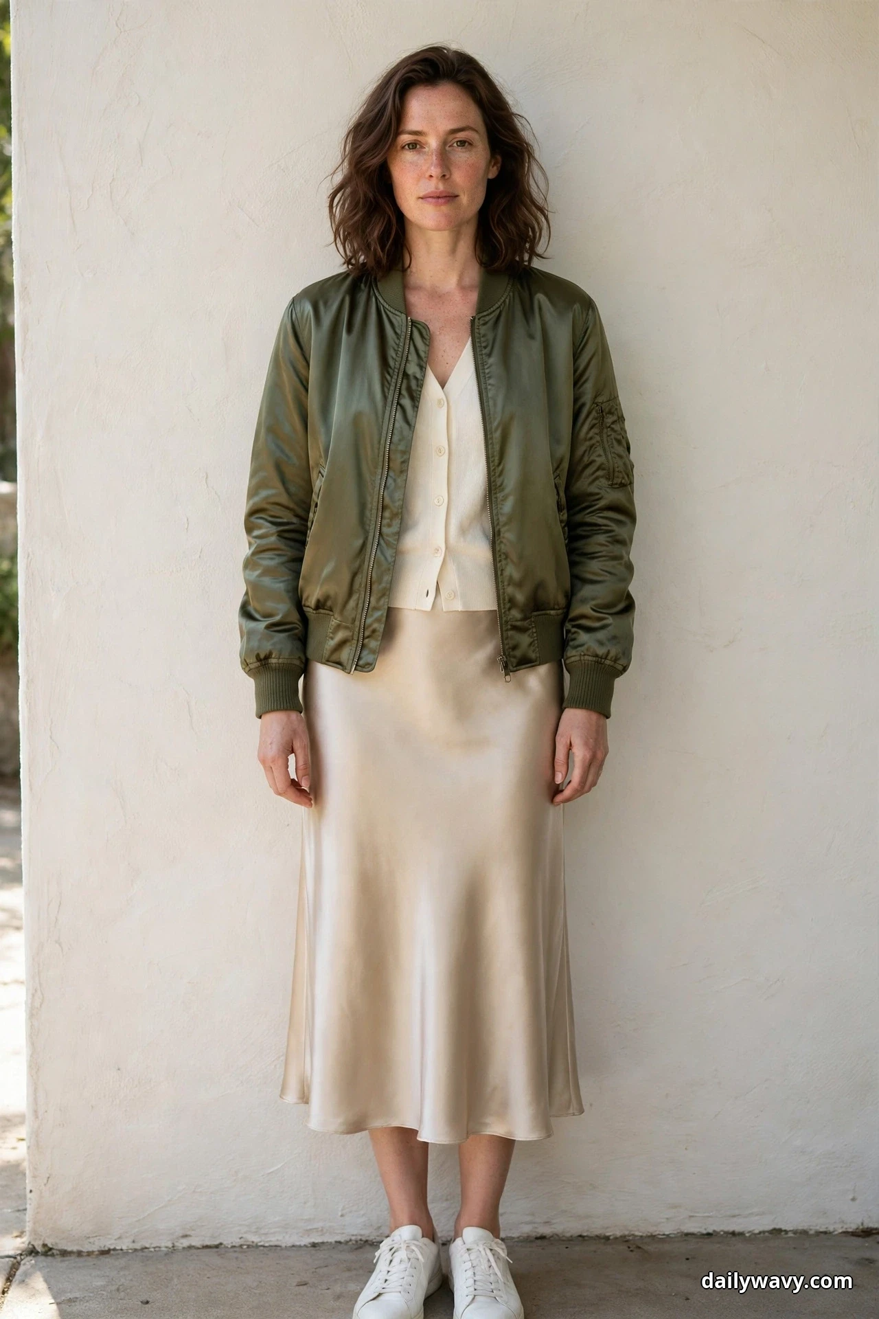 A woman stands full length against a textured white wall wearing an olive satin bomber jacket open over a cream button-front cardigan worn as a top, with a champagne satin midi skirt and white leather sneakers