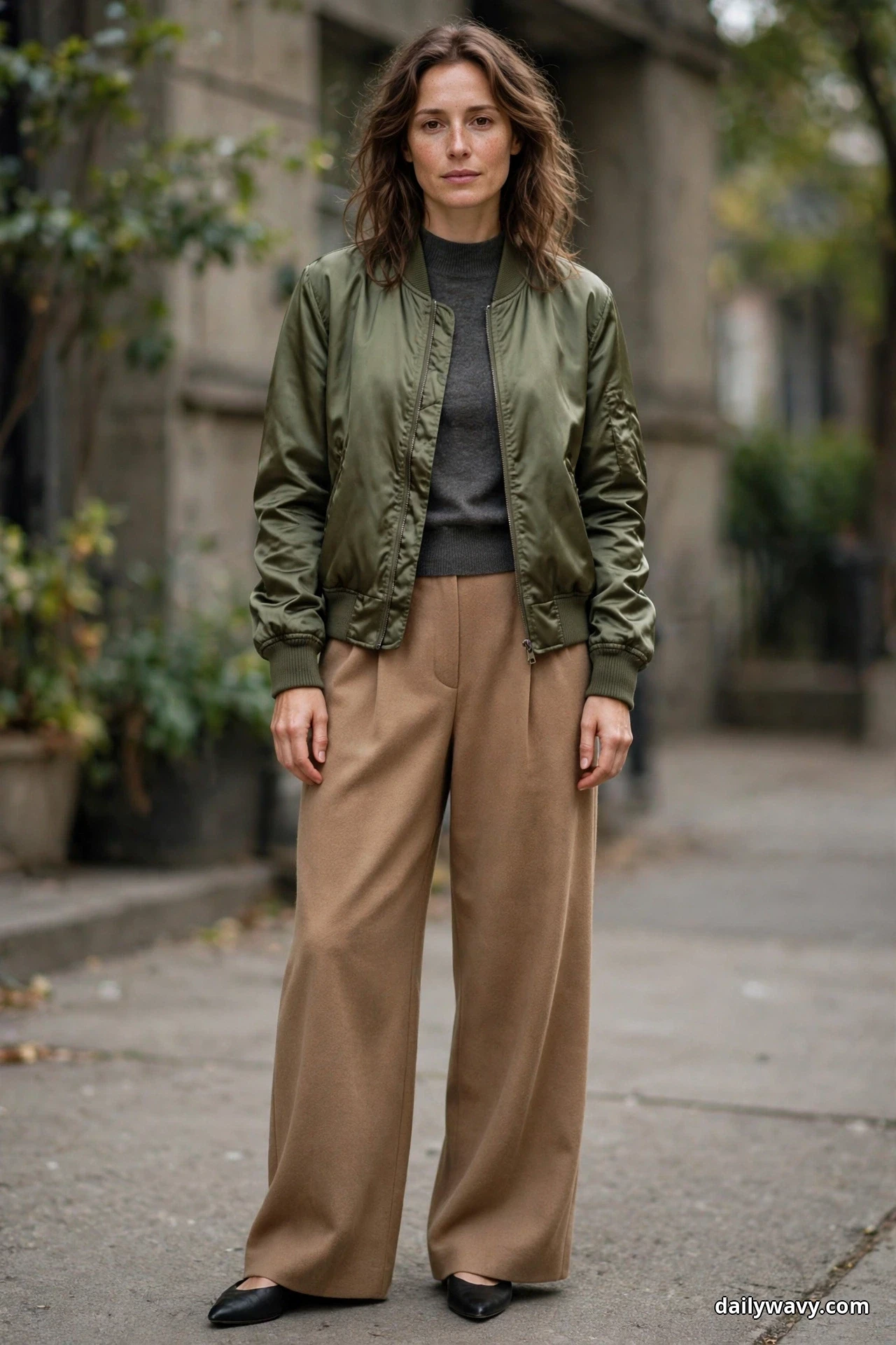 A woman stands full length on a city sidewalk wearing an olive satin bomber jacket open over a charcoal mock-neck knit, with camel wide-leg wool trousers and black pointed flats