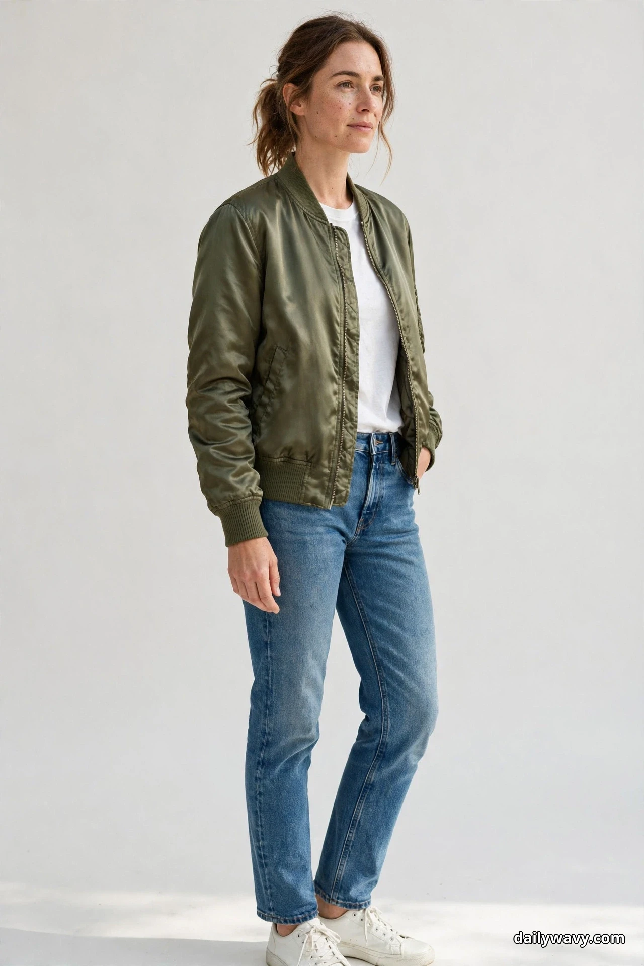 A woman stands in a three-quarter pose against a plain light backdrop wearing an olive satin bomber jacket open over a white plain crewneck tee tucked into medium-wash straight jeans, with white low-top sneakers