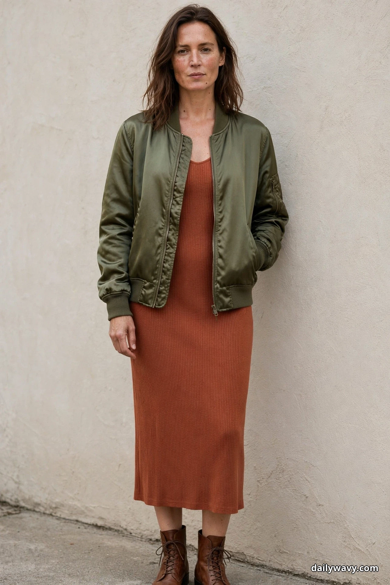 A woman stands full length against a textured beige wall wearing an olive satin bomber jacket open over a terracotta ribbed midi dress, with brown leather lace-up ankle boots