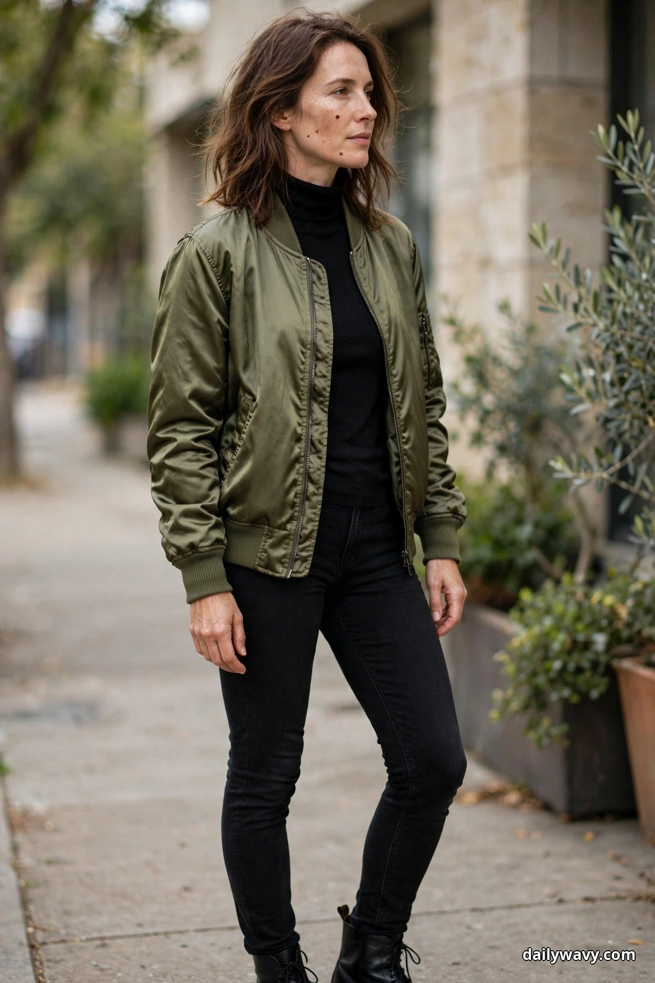 A woman stands in a three-quarter pose on a city sidewalk wearing an olive satin bomber jacket open over a black fitted turtleneck, with black skinny jeans and black leather low boots
