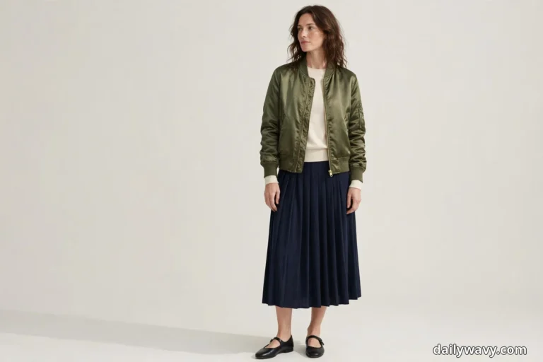 A woman stands full length at the right side of a plain light studio backdrop wearing an olive satin bomber jacket worn open over a cream crewneck sweater, with a navy pleated midi skirt that falls to mid-calf and black Mary Jane flats