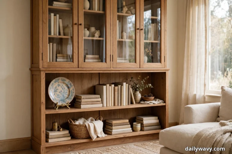 A tall light-oak bookcase with glass doors above and open shelves below stands beside a curtained window, its shelves styled with books, ceramic vases and a blue-and-white floral plate on a brass stand, with a cream sofa at the right