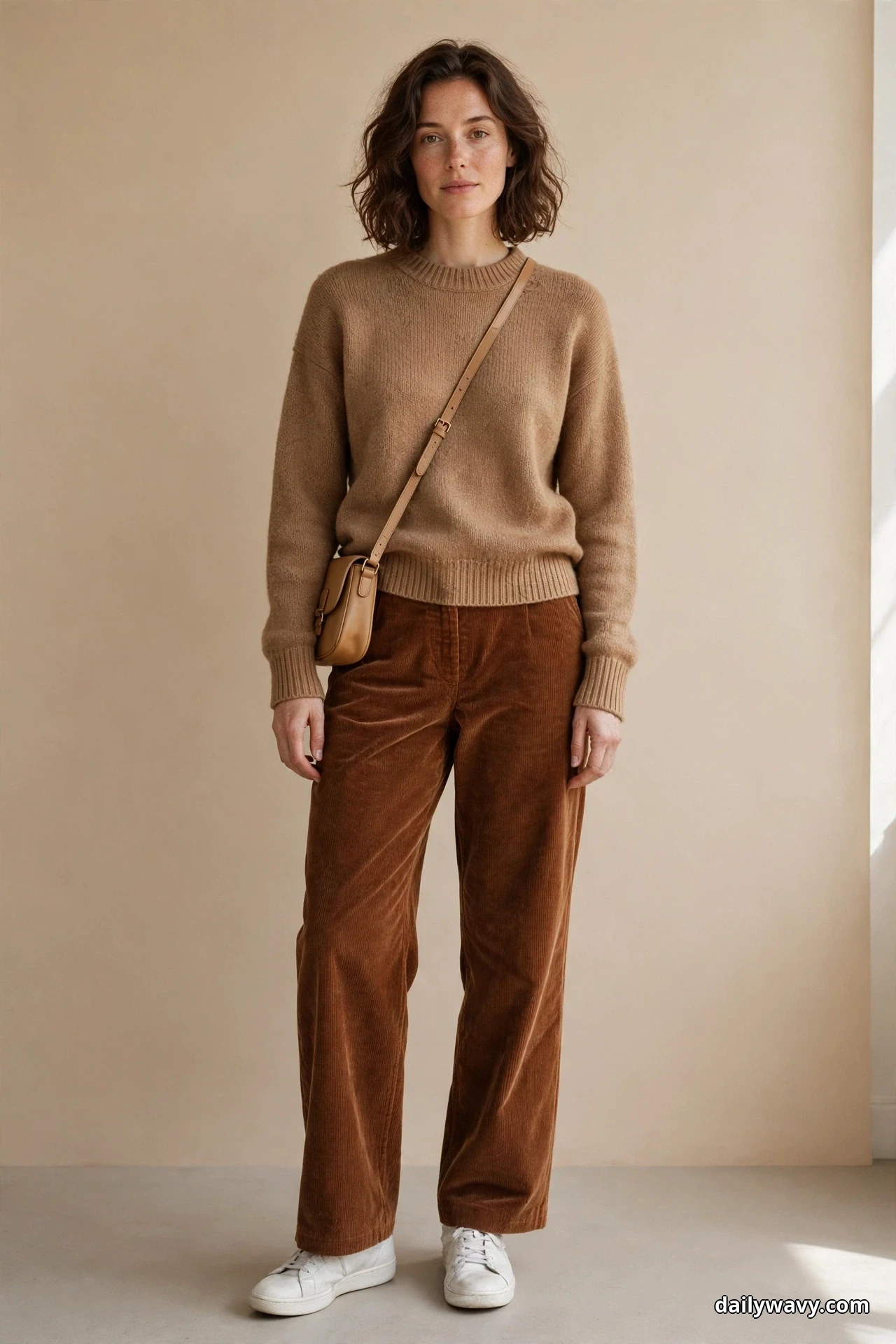 A woman stands full length against a plain beige wall wearing a camel crewneck knit sweater and rust corduroy trousers, with a small tan crossbody bag and white sneakers