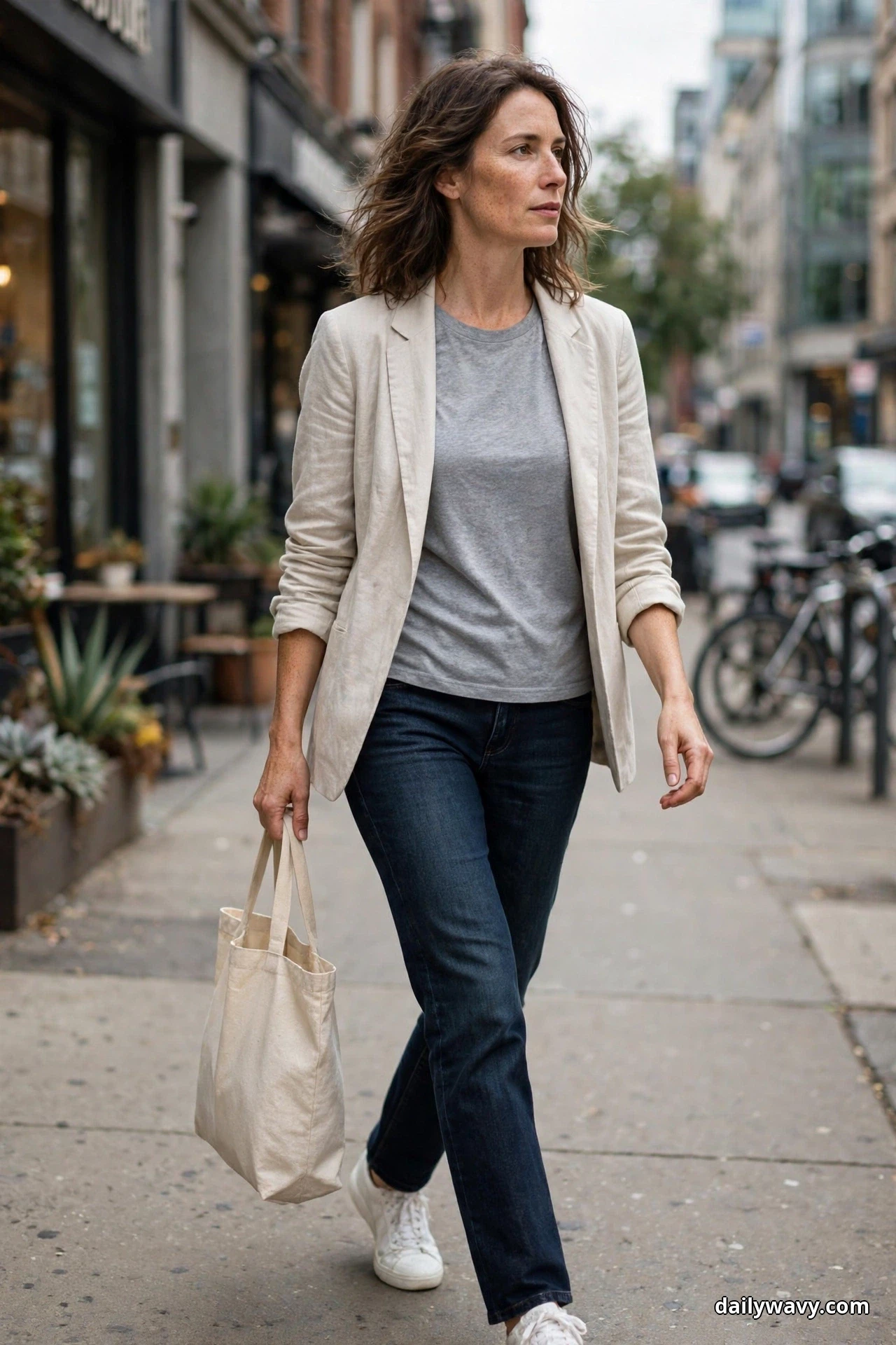 A woman walks along a city sidewalk wearing a heather gray tee under an oatmeal lightweight blazer with dark straight-leg jeans, carrying a canvas tote bag, with white sneakers