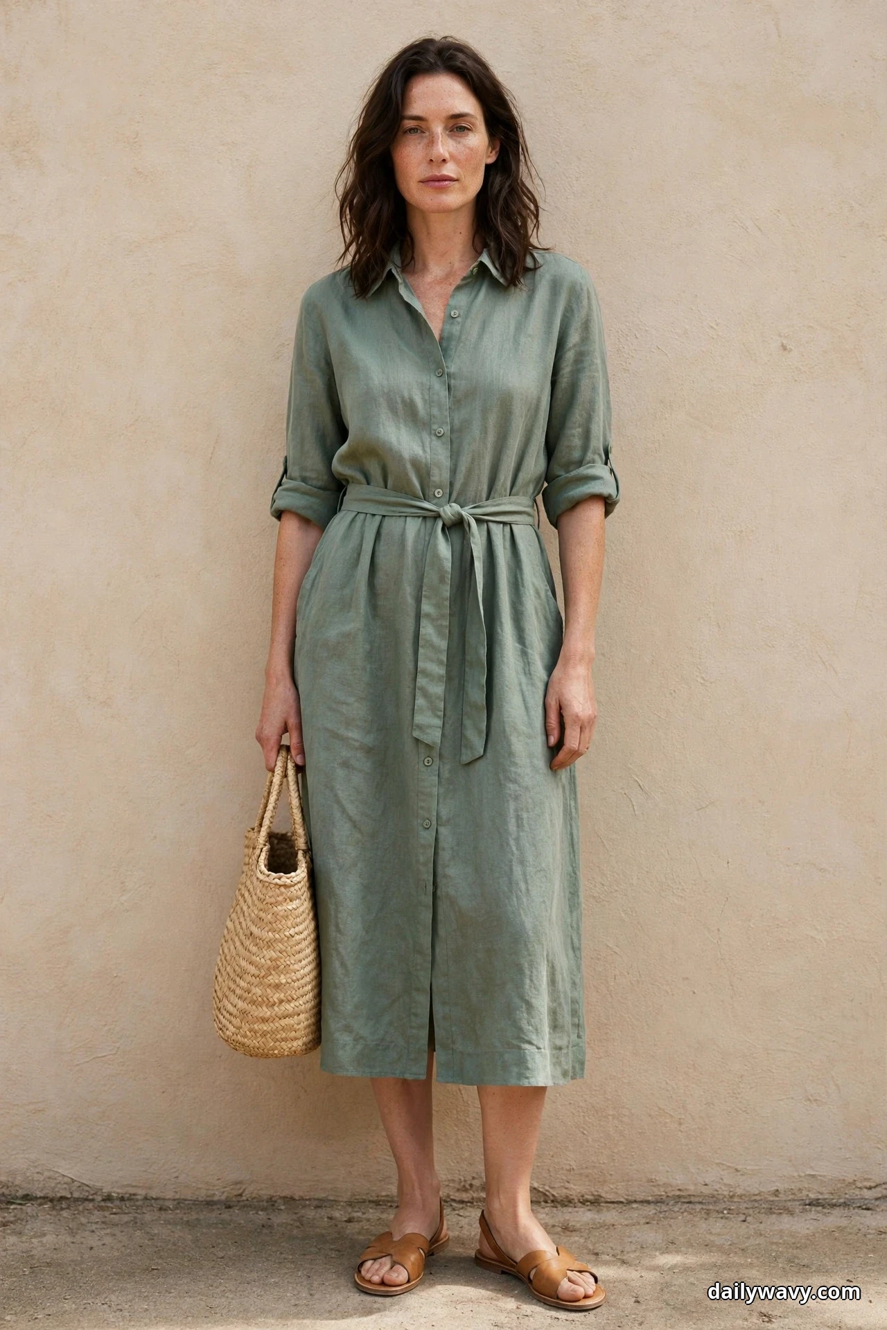 A woman stands full length against a textured beige wall wearing a sage midi shirt dress with a fabric tie belt and rolled sleeves, holding a woven straw tote bag, with tan flat sandals