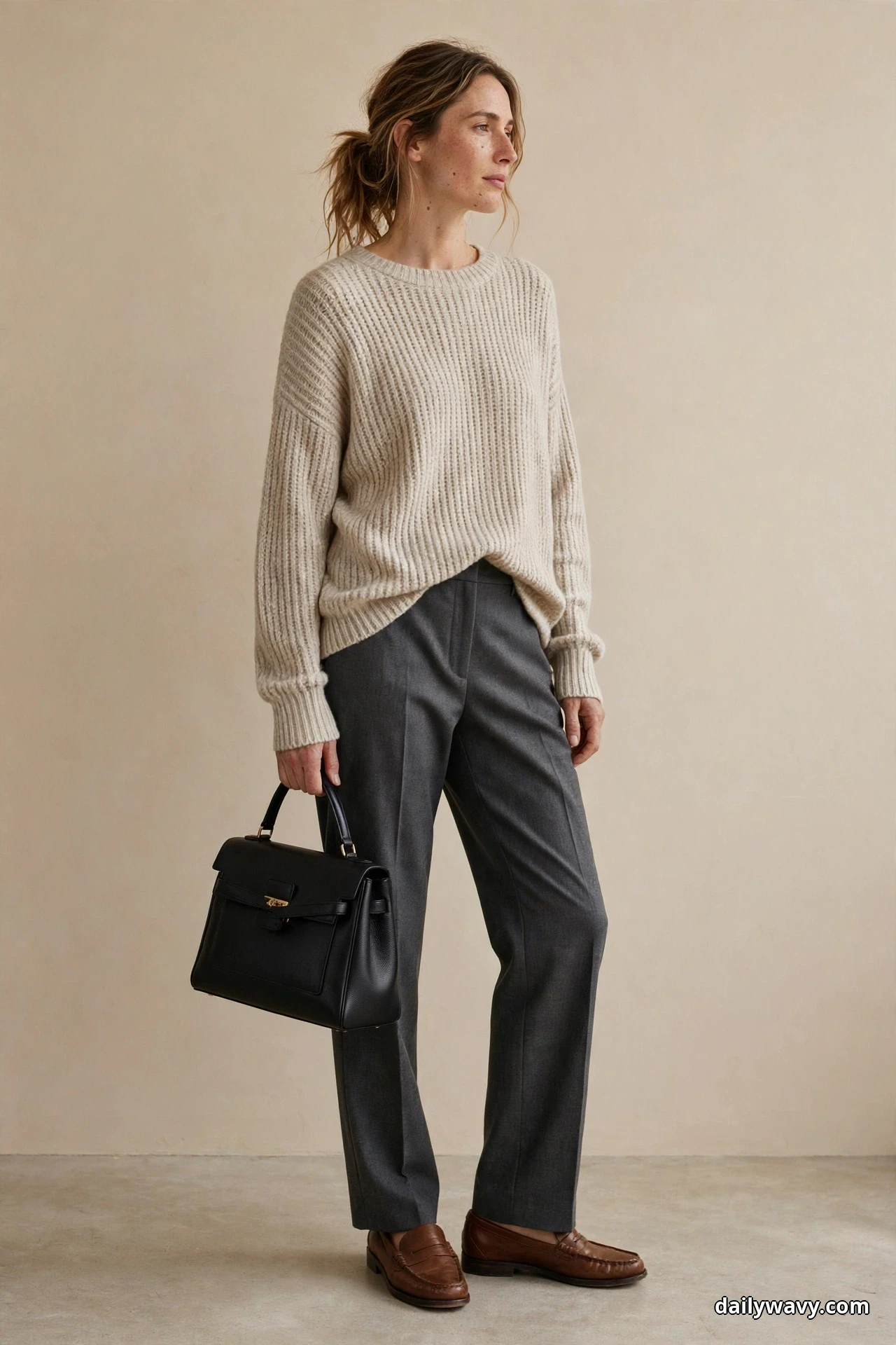 A woman stands full length in a slight turn wearing an oatmeal chunky ribbed knit sweater over charcoal straight-leg trousers, holding a black structured handbag, with brown leather loafers