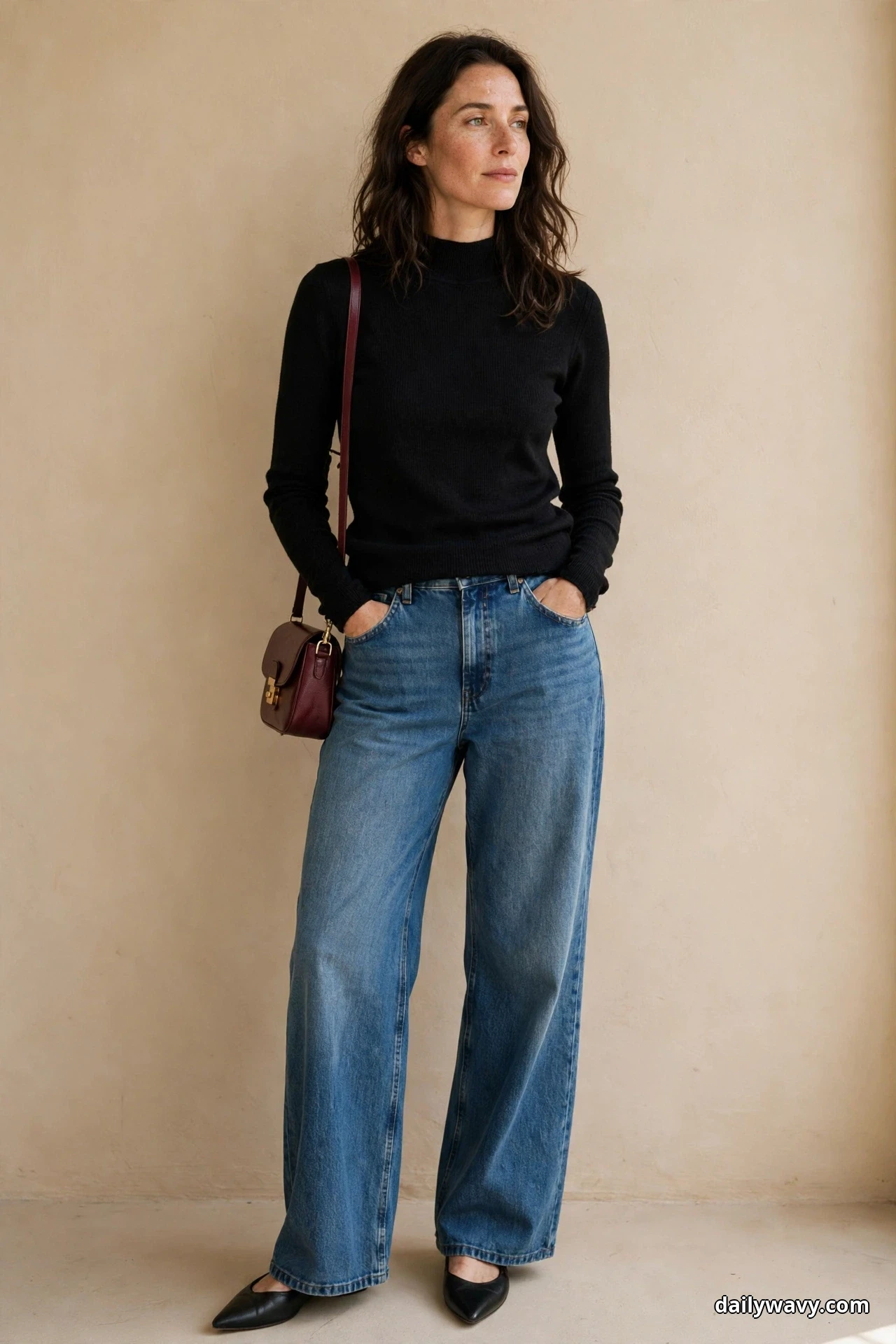 A woman stands full length against a plain beige wall wearing a black mock-neck knit top tucked into medium-wash wide-leg jeans, with a small burgundy shoulder bag and black pointed flats