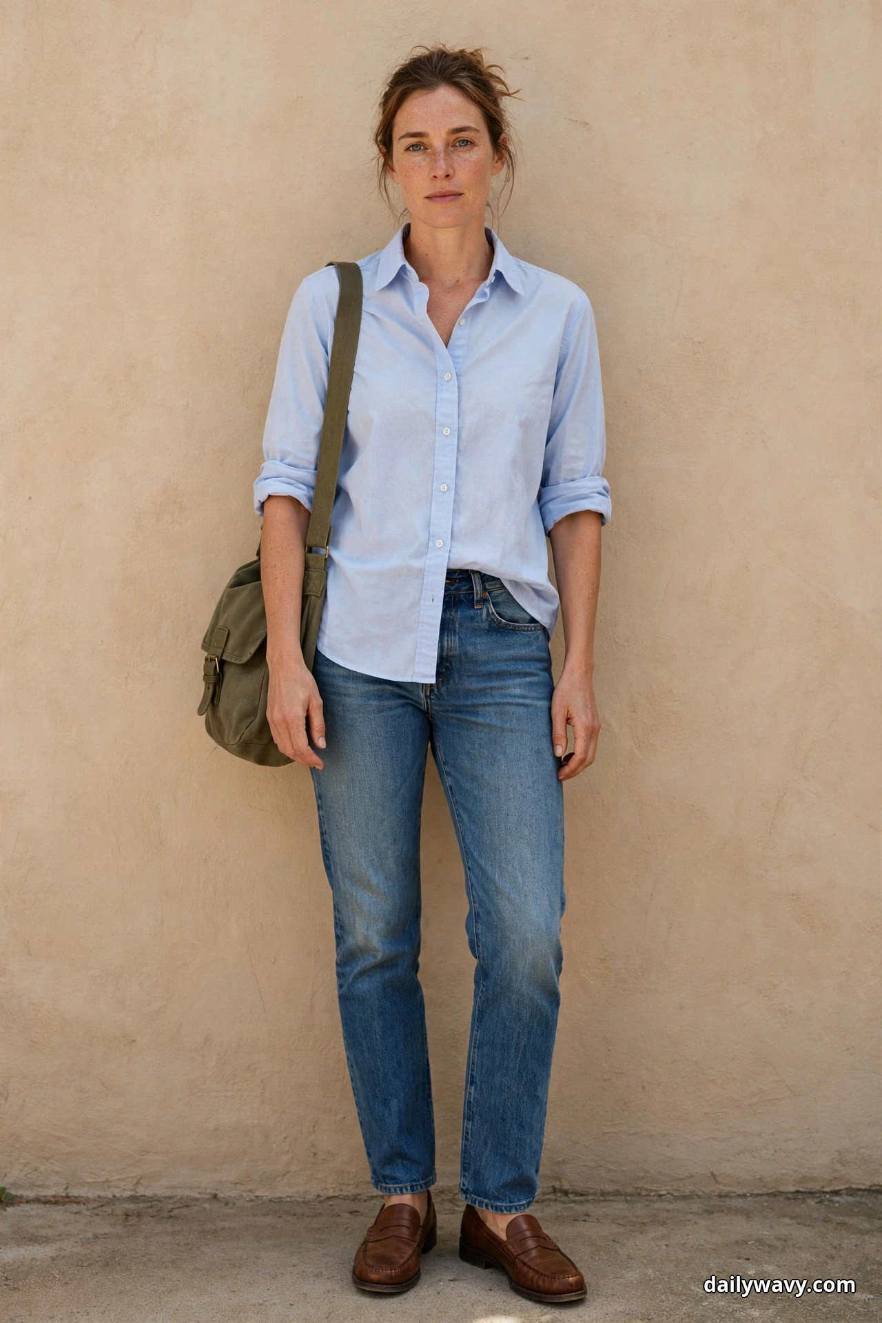 A woman stands full length against a textured beige wall wearing a light blue oxford shirt with rolled sleeves and a front tuck, medium-wash straight-leg jeans and brown leather loafers, with an olive canvas shoulder bag