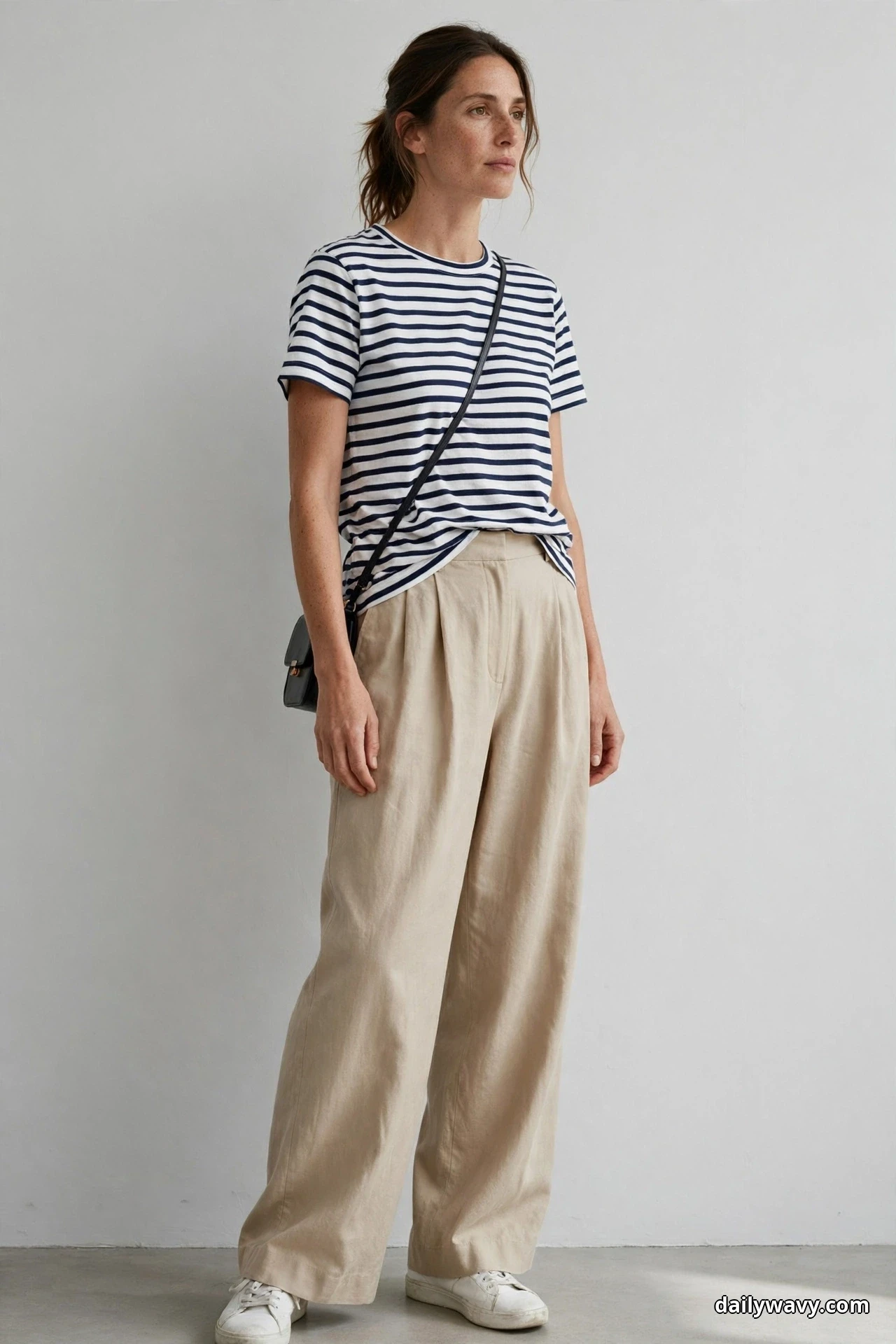 A woman stands full length in a slight turn wearing a navy and white striped Breton tee half tucked into beige wide-leg trousers, with a small black crossbody bag and white sneakers