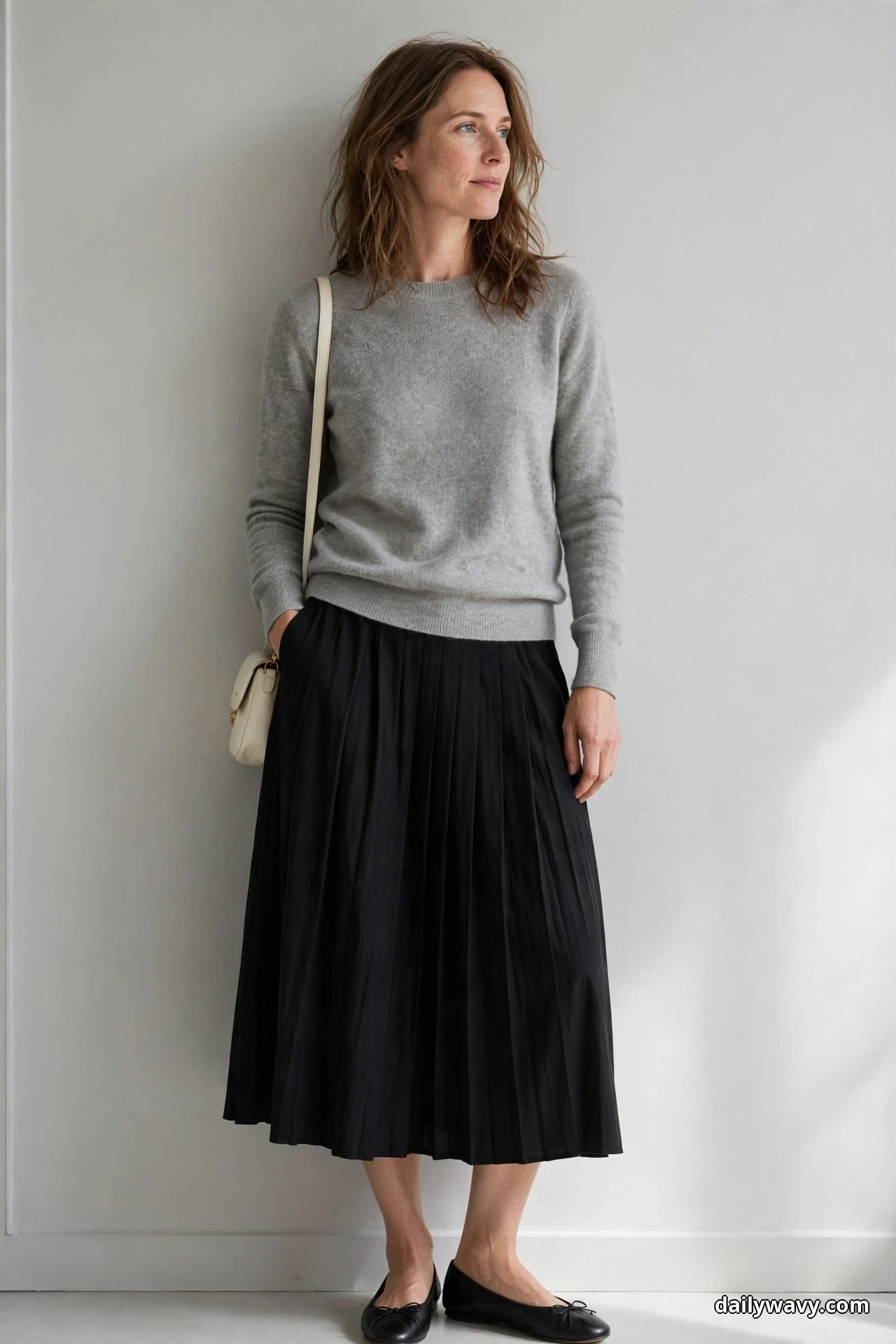 A woman stands full length against a plain light wall wearing a soft gray fine-knit crewneck sweater over a black pleated midi skirt, with a small cream shoulder bag and black ballet flats
