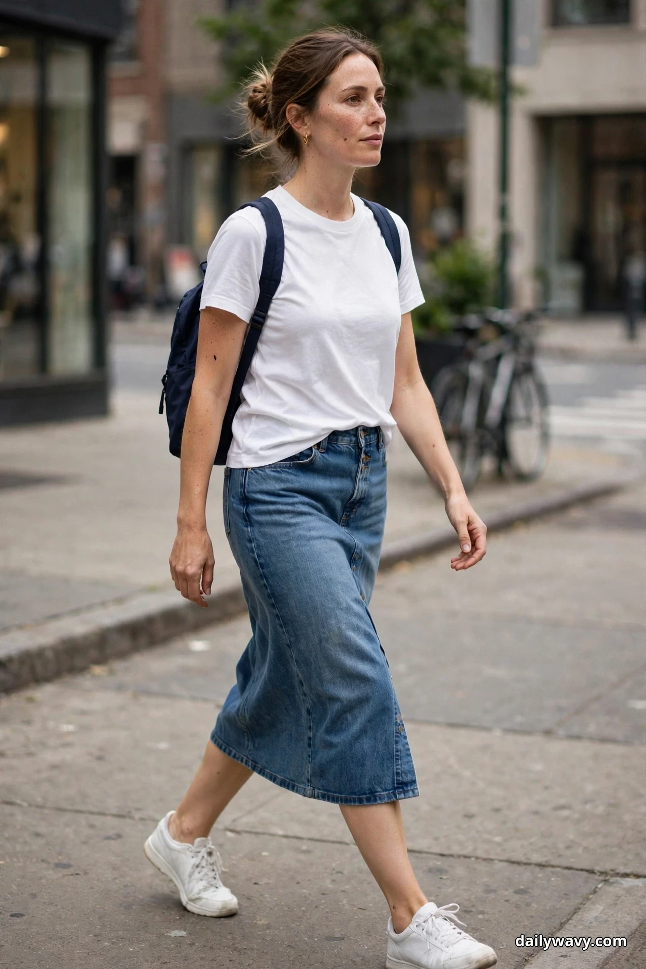 A woman walks along a city sidewalk wearing a plain white tee tucked into a medium-wash denim midi skirt, with a small navy backpack and white trainers