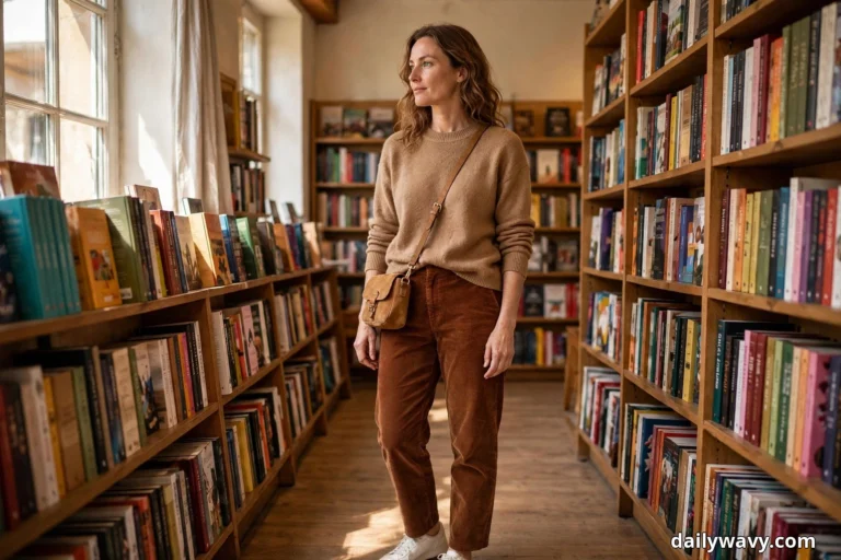 A woman stands in a bookstore aisle between tall wooden shelves wearing a camel crewneck knit sweater, rust corduroy trousers and a small tan crossbody bag, with white sneakers at the bottom edge of the frame