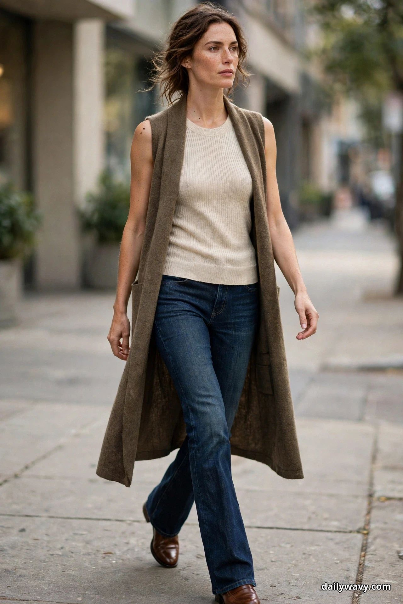 A woman walks along a city sidewalk wearing a cream sleeveless ribbed knit top under a long taupe open vest that falls below the knee, with dark indigo bootcut jeans and brown leather loafers showing beneath the hems