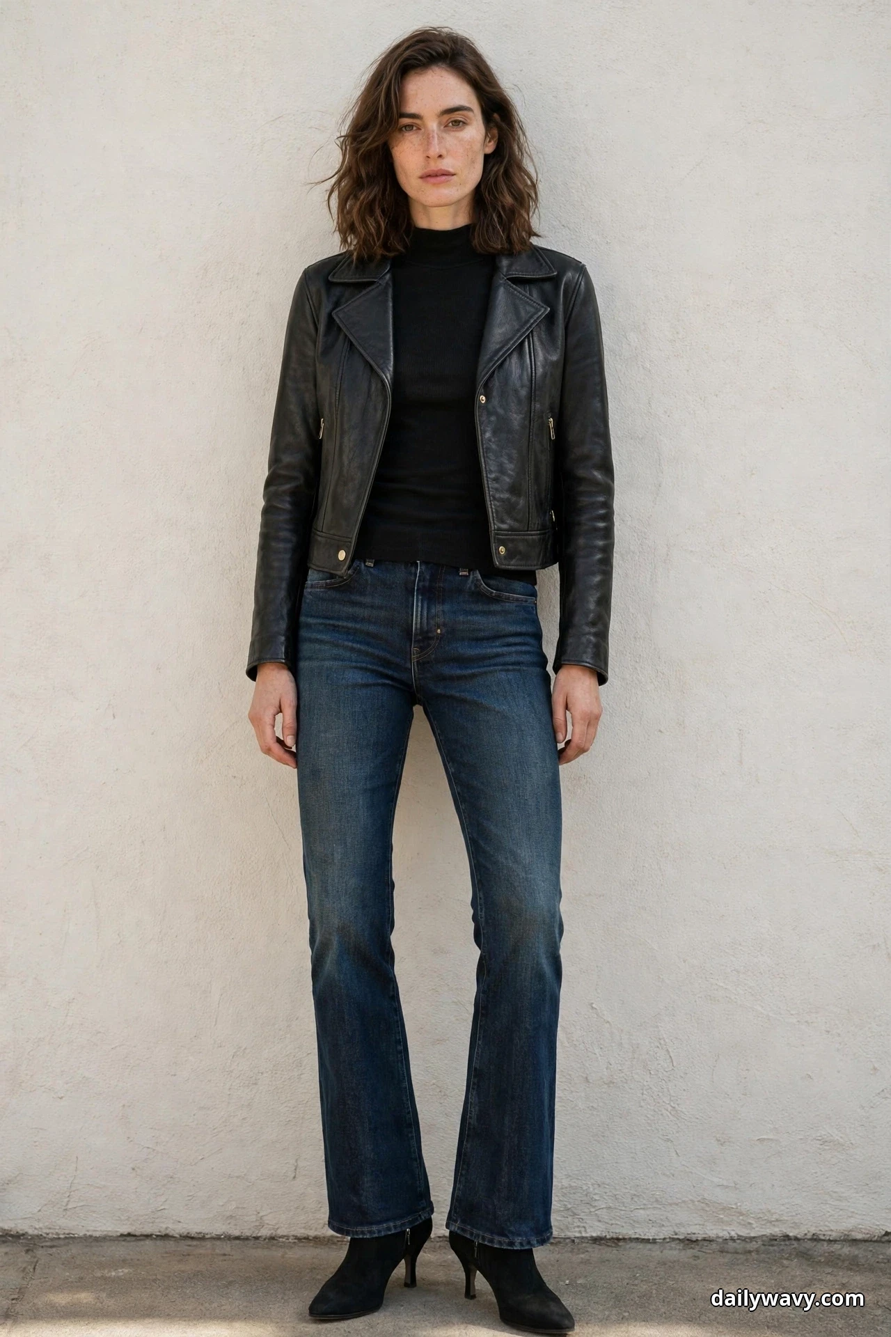 A woman stands against a plain plaster wall wearing a black mock-neck top under a cropped black leather jacket with dark-wash bootcut jeans, the hems covering the shafts of black pointed heeled ankle boots