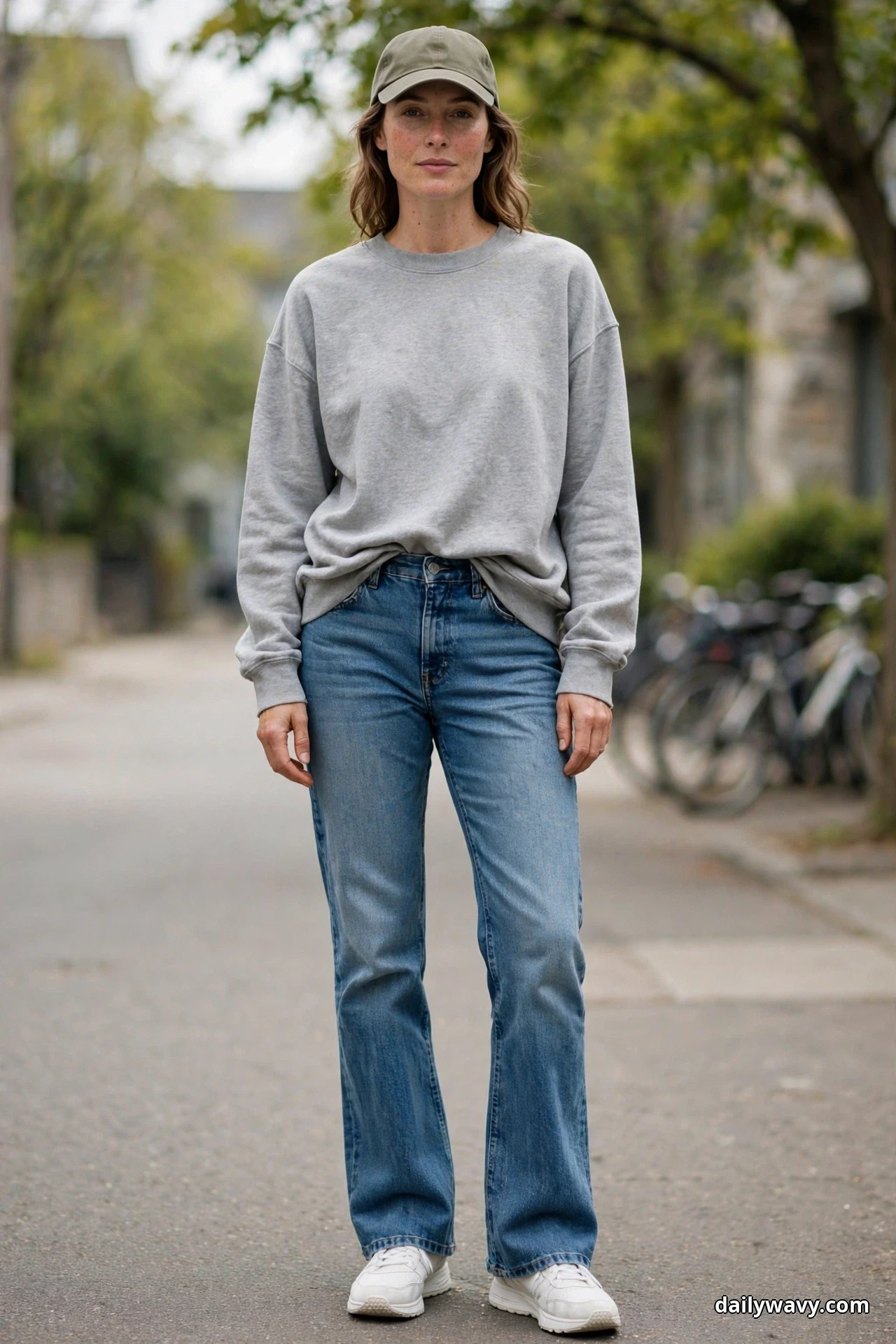 A woman stands on a tree-lined street wearing a relaxed heather gray sweatshirt with a loose front tuck and an olive baseball cap, with medium-wash bootcut jeans and white trainers showing below the hems