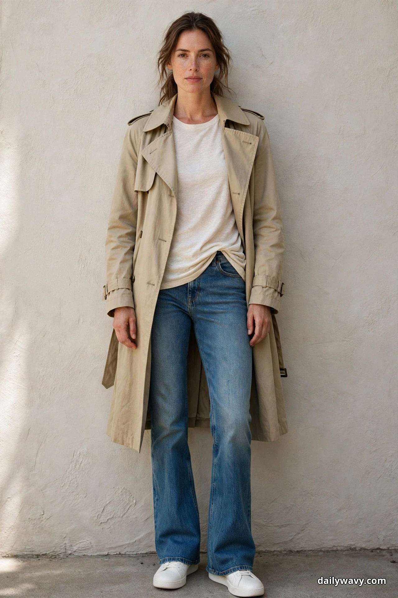A woman stands against a plain plaster wall wearing a soft cream tee half-tucked under an open beige trench coat with medium-wash bootcut jeans and white minimalist sneakers below the hems