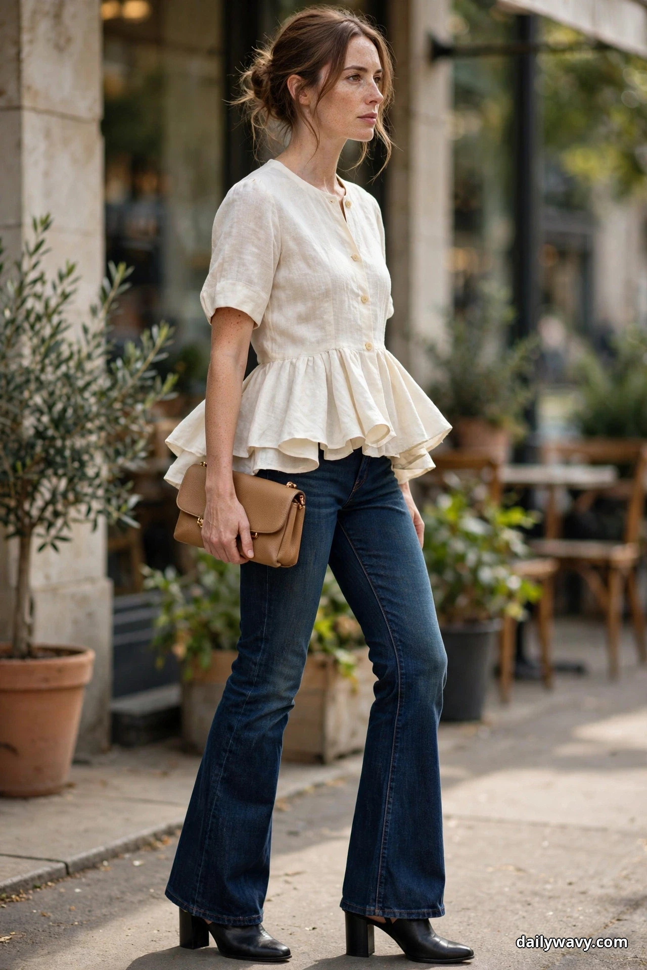 A woman stands on a cafe terrace wearing a cream short-sleeve peplum blouse with dark indigo bootcut jeans, holding a tan clutch and wearing black block-heel ankle boots under the hems