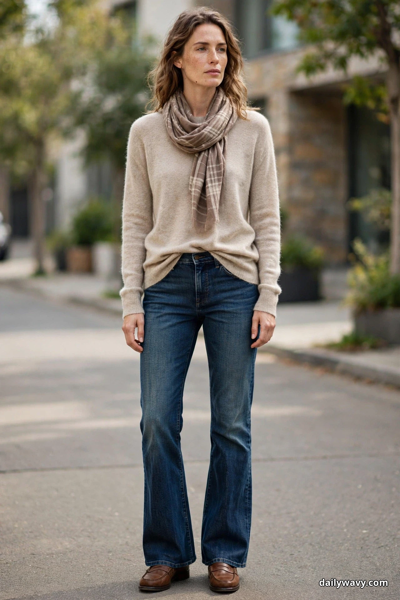 A woman stands on a quiet street wearing a soft oatmeal sweater with a relaxed front tuck and a taupe plaid scarf draped at the neck over dark-wash bootcut jeans, with brown leather loafers grazing the hems