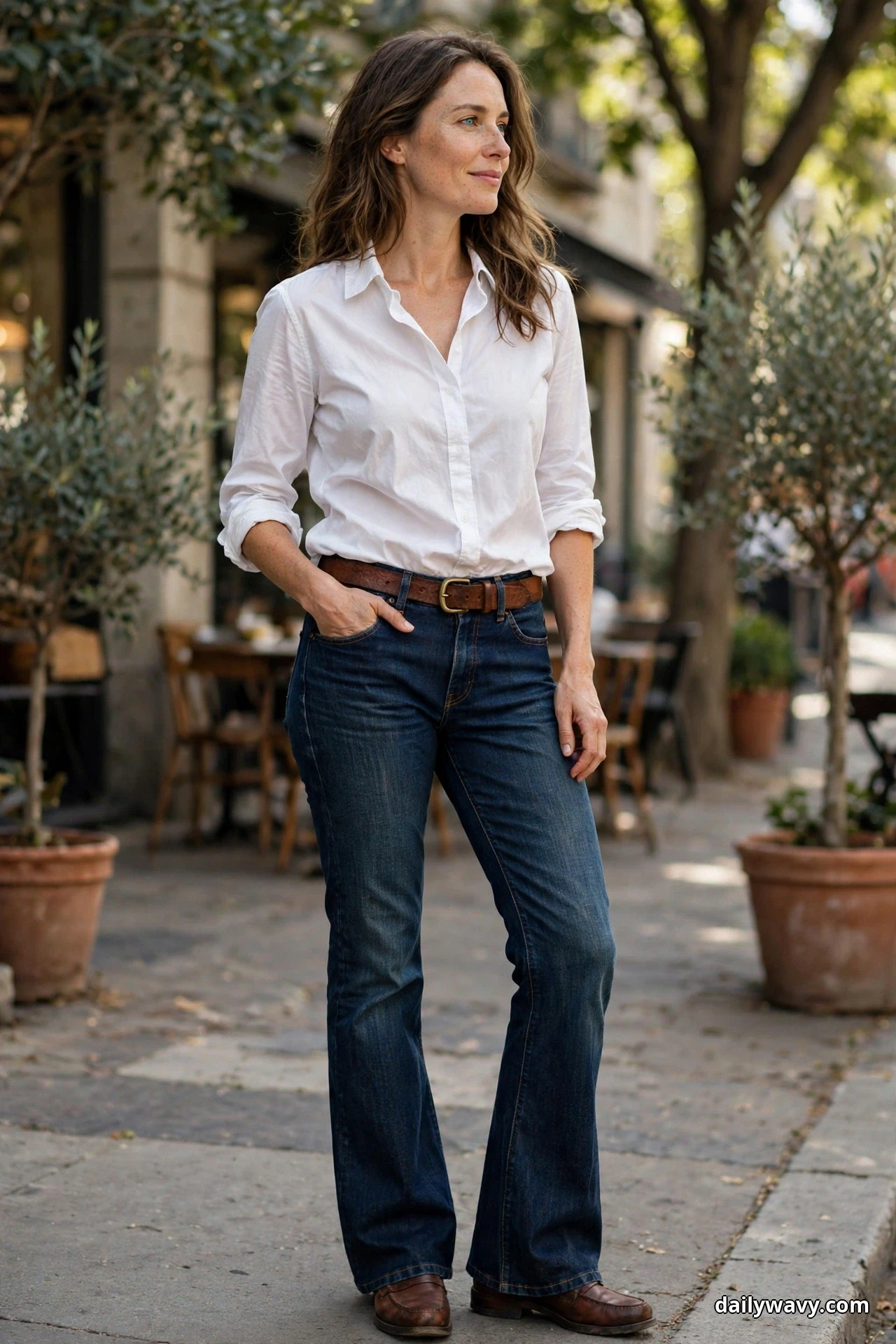 A woman stands on a cafe sidewalk wearing a crisp white shirt tucked in with the sleeves rolled to the forearm, a brown leather belt with a brass buckle, dark indigo bootcut jeans and brown leather loafers