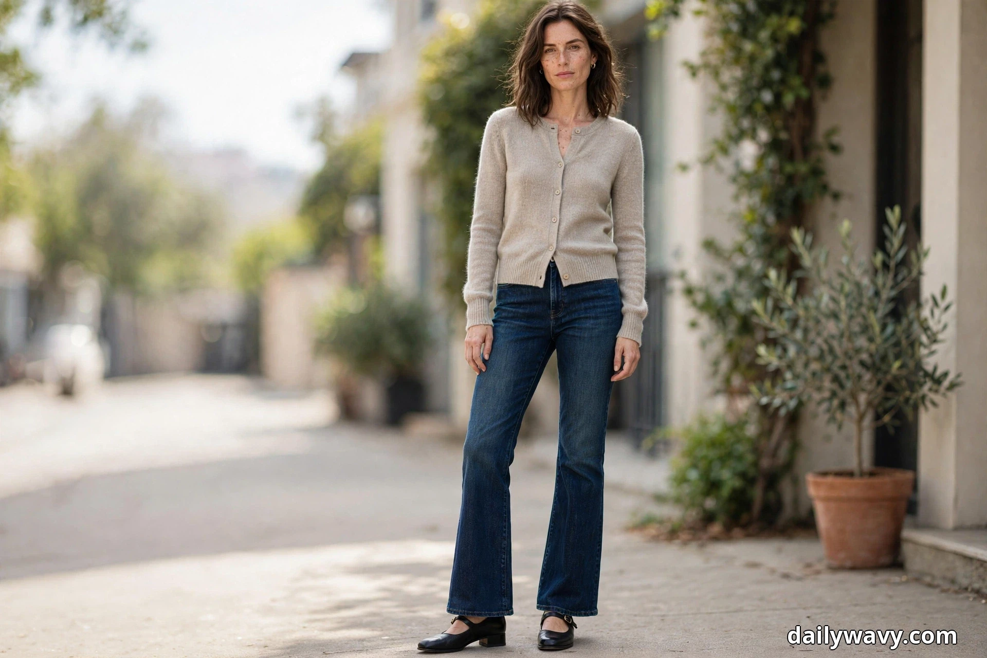A woman stands full length on a sunlit residential street wearing a beige fine-knit cardigan buttoned as a top with dark indigo bootcut jeans and black Mary Jane flats with a strap and low block heel, the flared hems breaking over the shoes