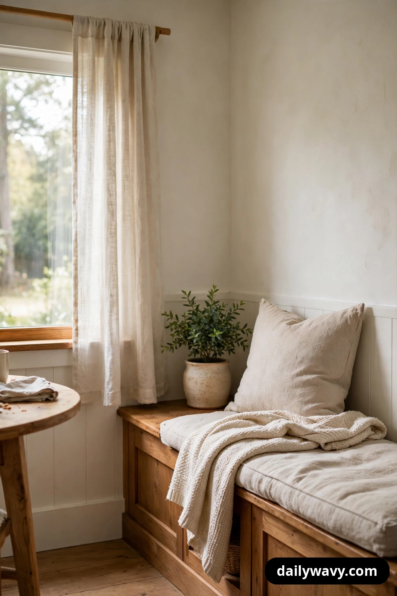A closer view shows a small potted plant in a speckled ceramic pot sitting on a wood banquette bench beside a linen cushion and a draped knit throw, near a window with a sheer curtain.