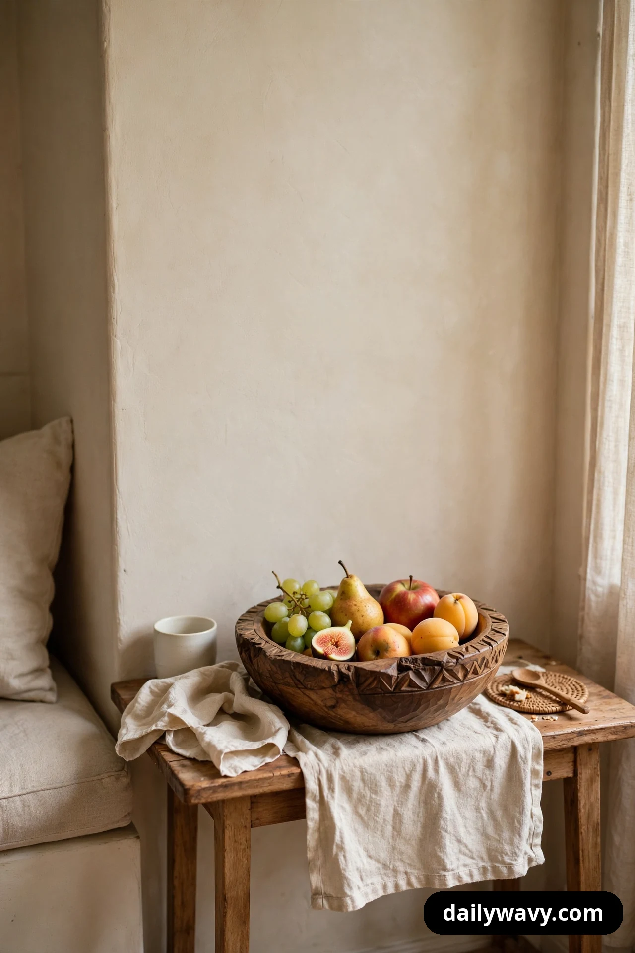 A carved wood bowl filled with grapes, a pear, an apple, apricots, and a halved fig sits on a linen cloth draped over a narrow wood console in a breakfast nook.