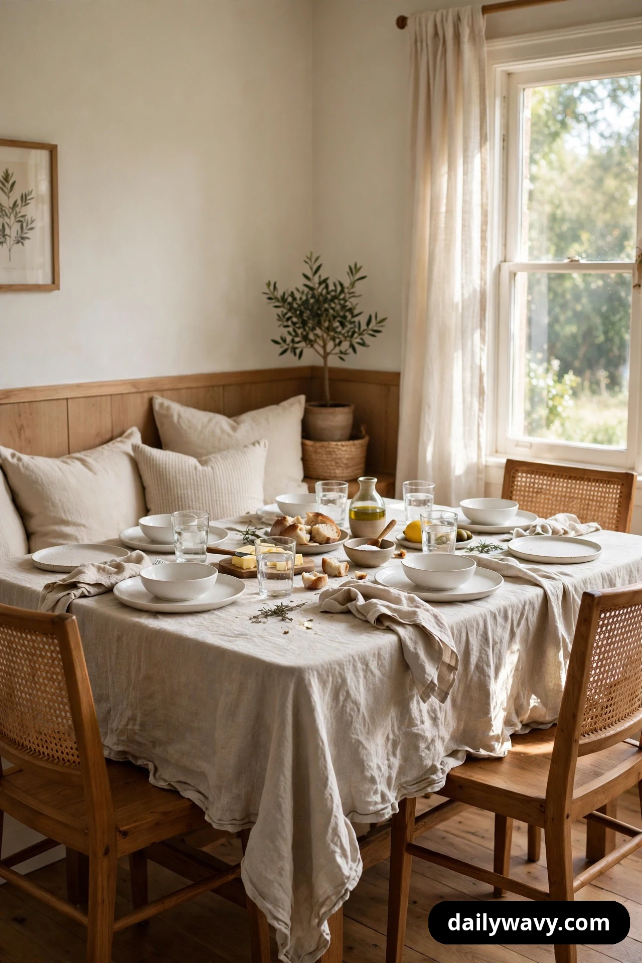 A natural linen tablecloth covers a breakfast nook table set with plain white bowls and plates, with cane-back chairs and a cushioned banquette around it.