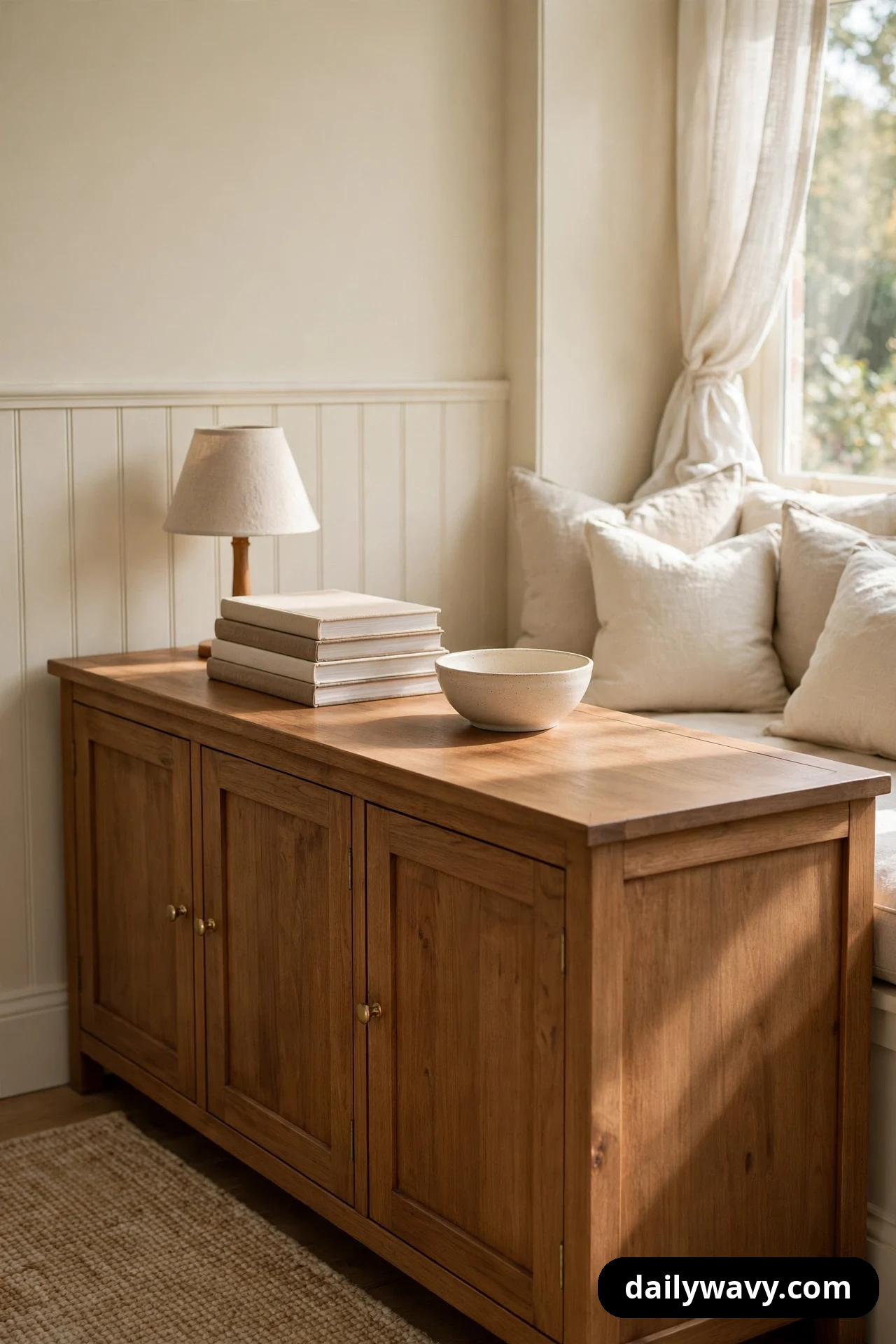 A small lamp, a stack of four books, and a ceramic bowl sit grouped at one end of a wood sideboard in a breakfast nook, leaving the rest of the surface clear.