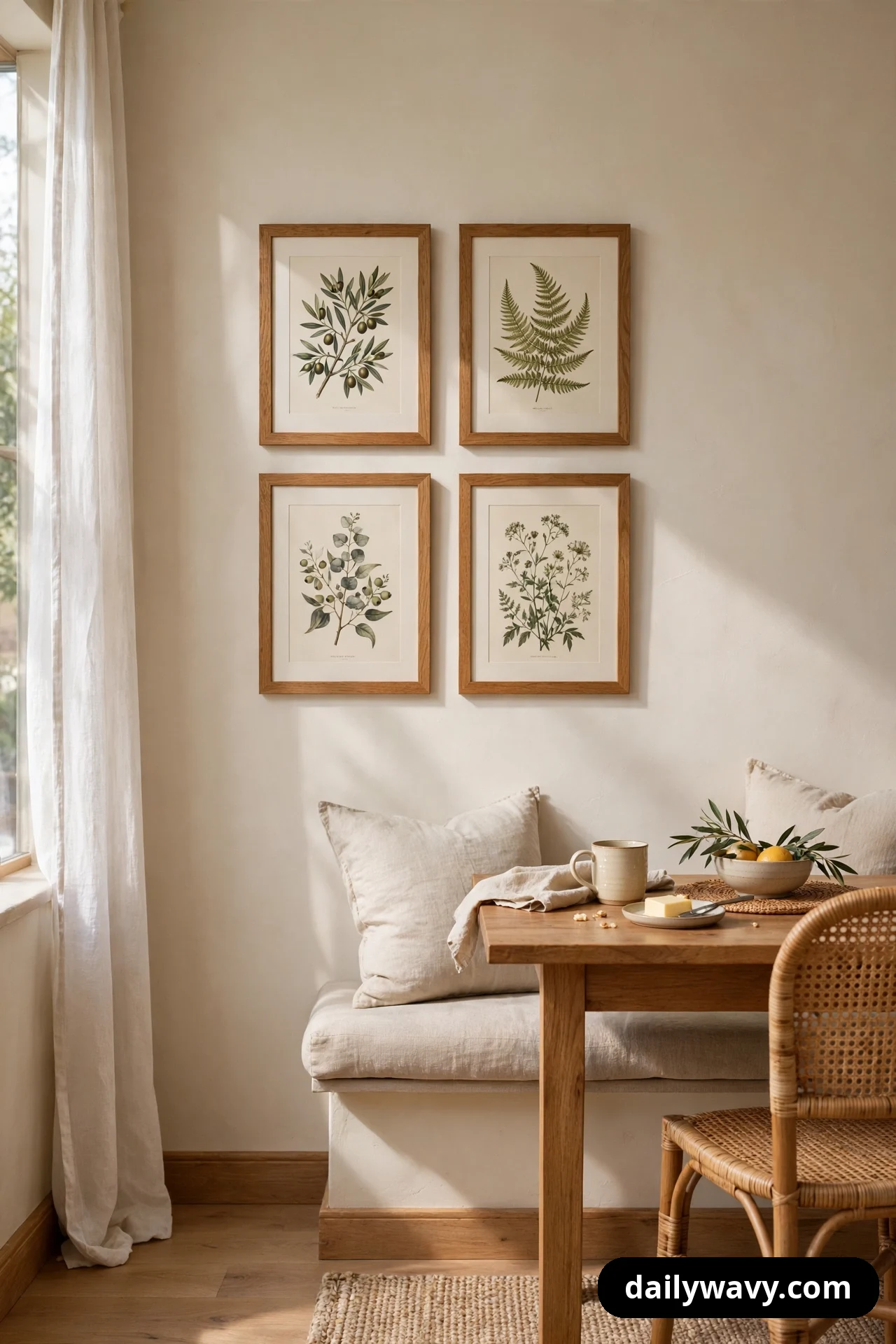 Four framed botanical prints in oak frames hang in a two-by-two grid on the wall above a breakfast nook banquette.