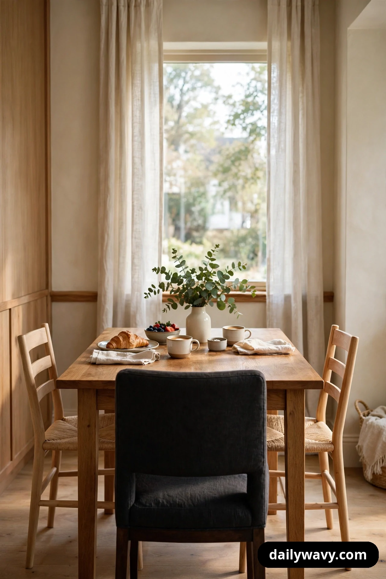 A dark charcoal upholstered chair sits at the head of a wood breakfast table, contrasting with the light wood rush-seat chairs along its sides.
