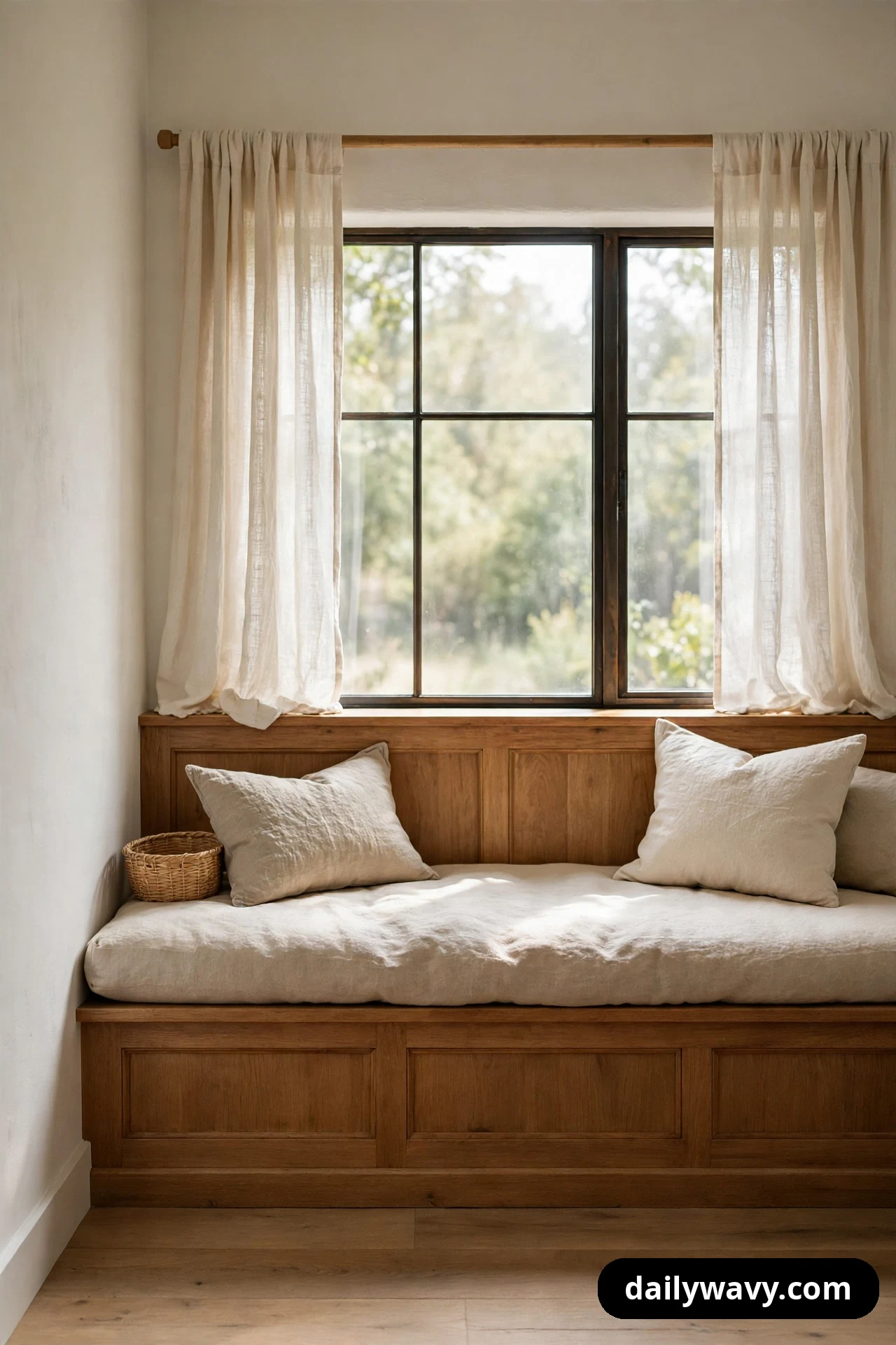 A built-in wood banquette with a long cream linen cushion and pillows runs beneath the window of a breakfast nook.