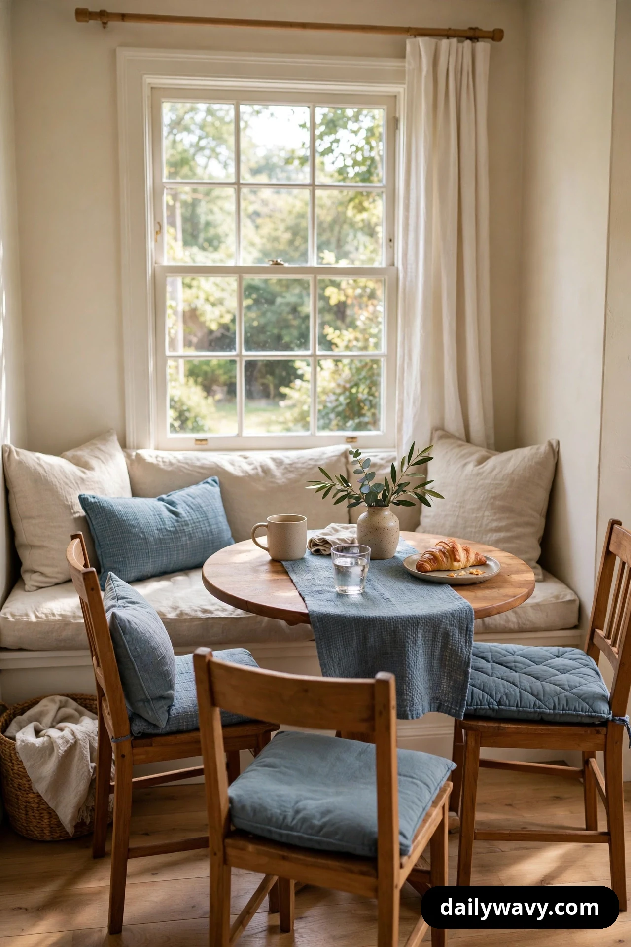 Dusty blue repeats across a table runner, quilted chair cushions, and a lumbar pillow in a breakfast nook with a round wood table and a cream banquette.