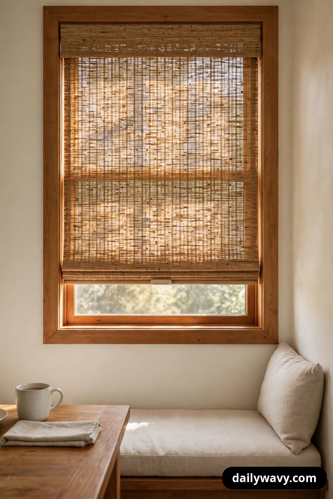 A woven wood shade mounted inside a wood-trimmed window filters sunlight over a breakfast nook banquette.