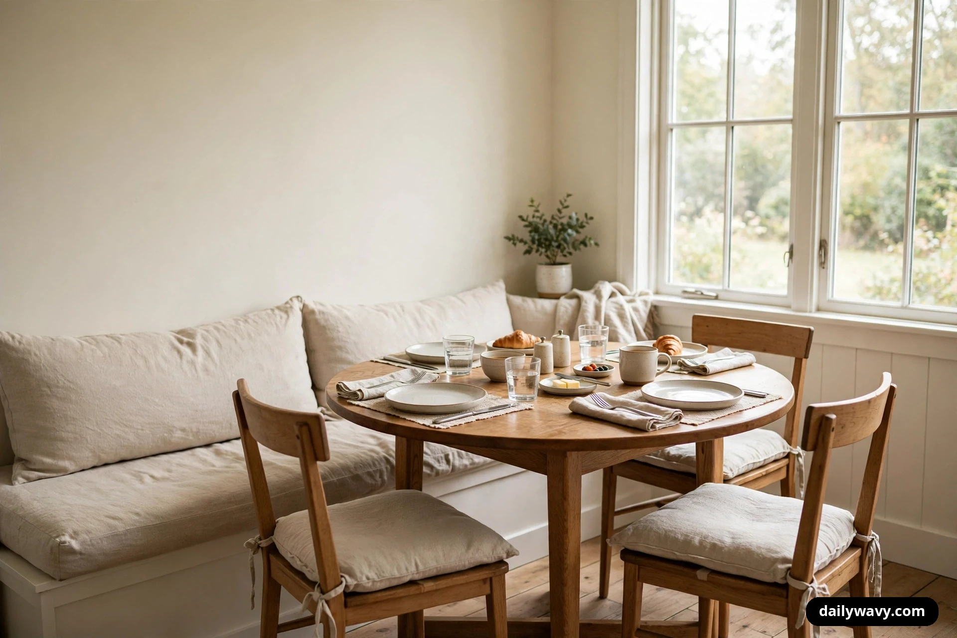 A wide view of a breakfast nook shows a round wood table set for four in front of a cream linen banquette, with wood chairs with tied cushions around it and a small potted plant in the corner beside tall windows.