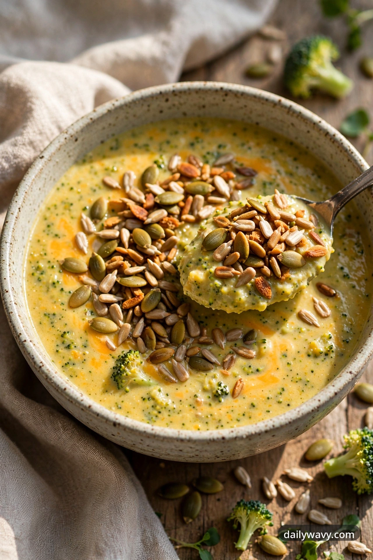 Broccoli cheddar soup with toasted seeds in a ceramic bowl with a spoon showing the crunchy topping