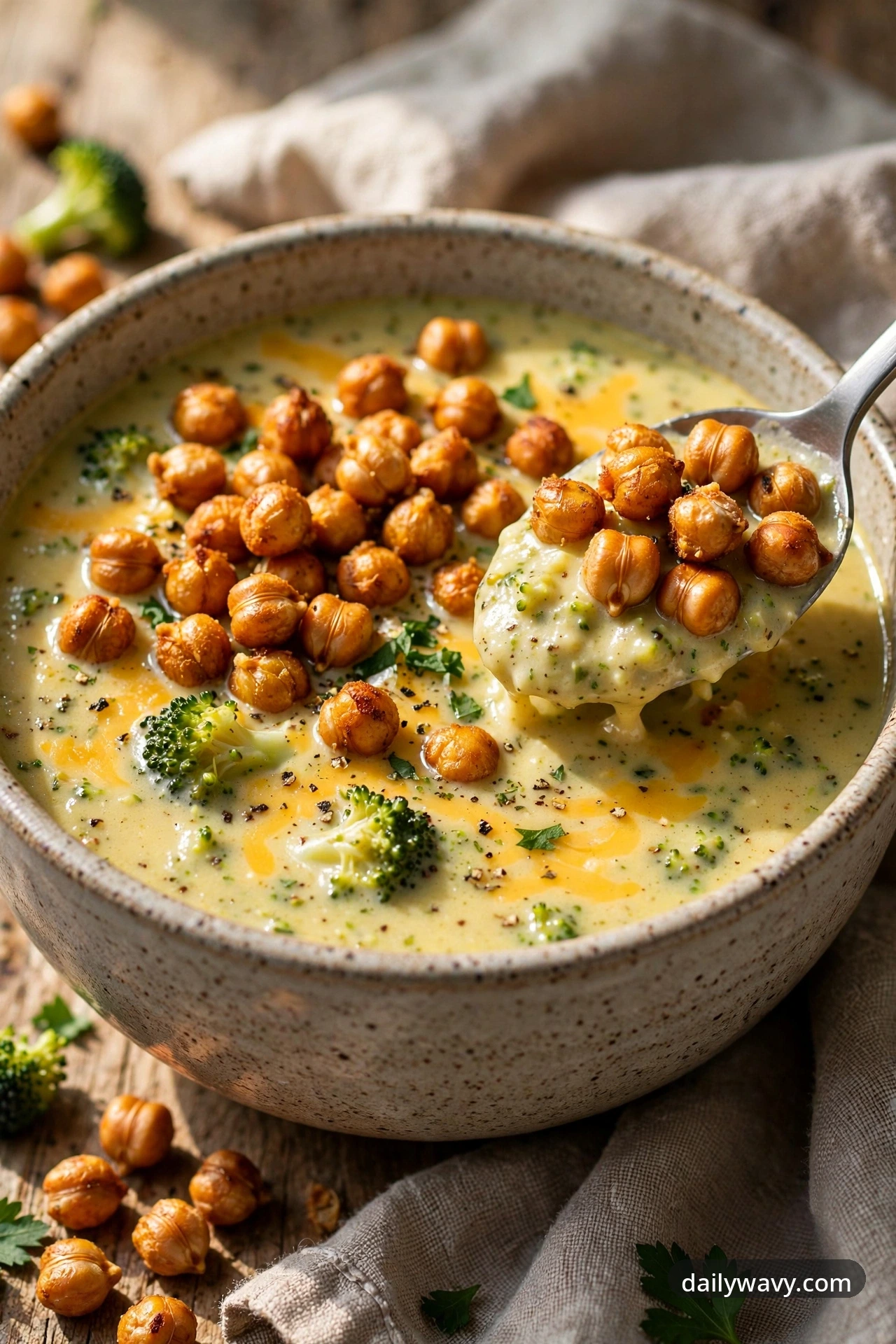 Broccoli cheddar soup with crispy chickpeas in a ceramic bowl with a spoon showing the crunchy topping