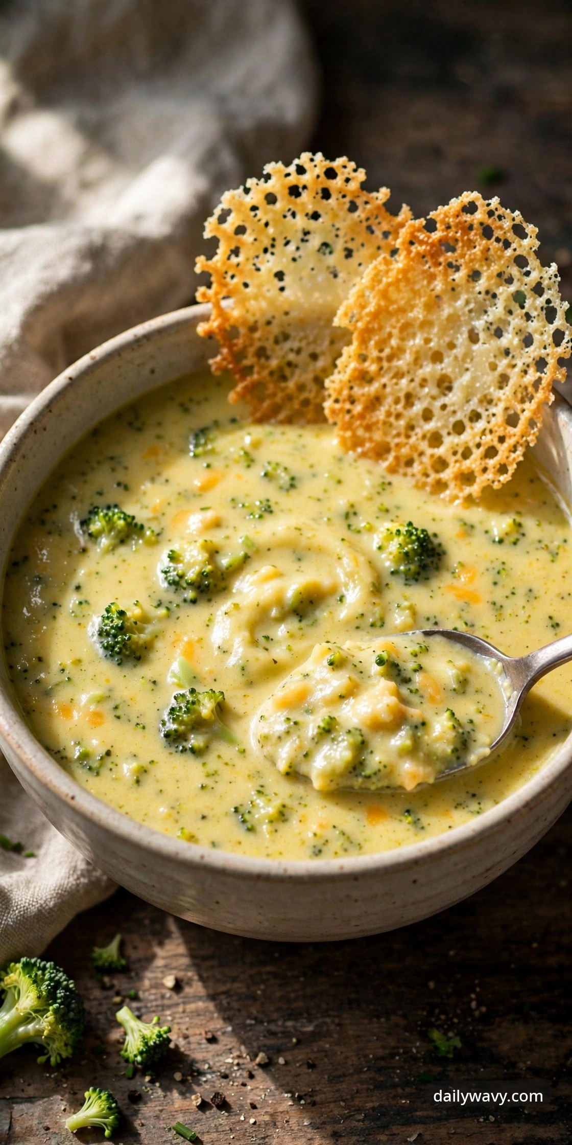 Broccoli cheddar soup with parmesan crisps in a ceramic bowl with a spoon showing the cheese crisp