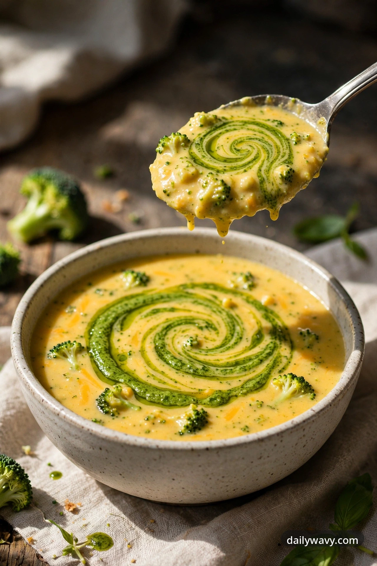 Broccoli cheddar soup with pesto drizzle in a ceramic bowl with a spoon showing the green swirl