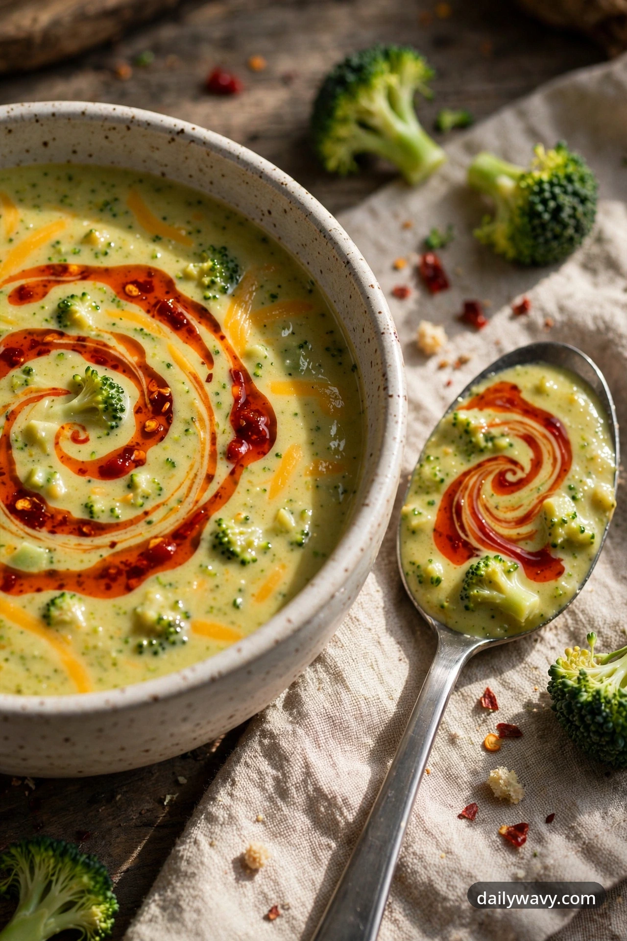 Broccoli cheddar soup with chili oil in a ceramic bowl with a spoon showing the red swirl