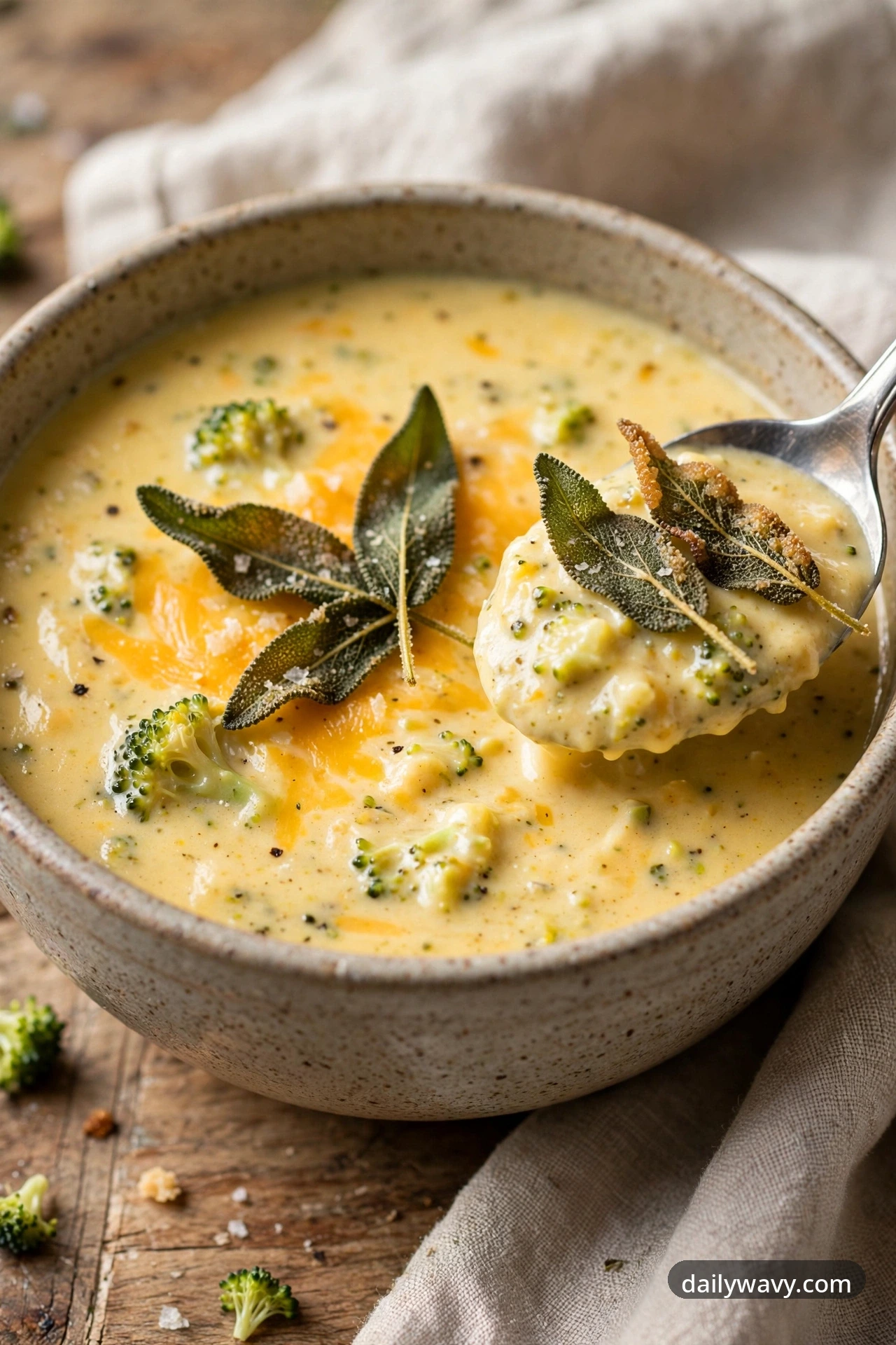 Broccoli cheddar soup with sage in a ceramic bowl with a spoon showing the fried sage leaves