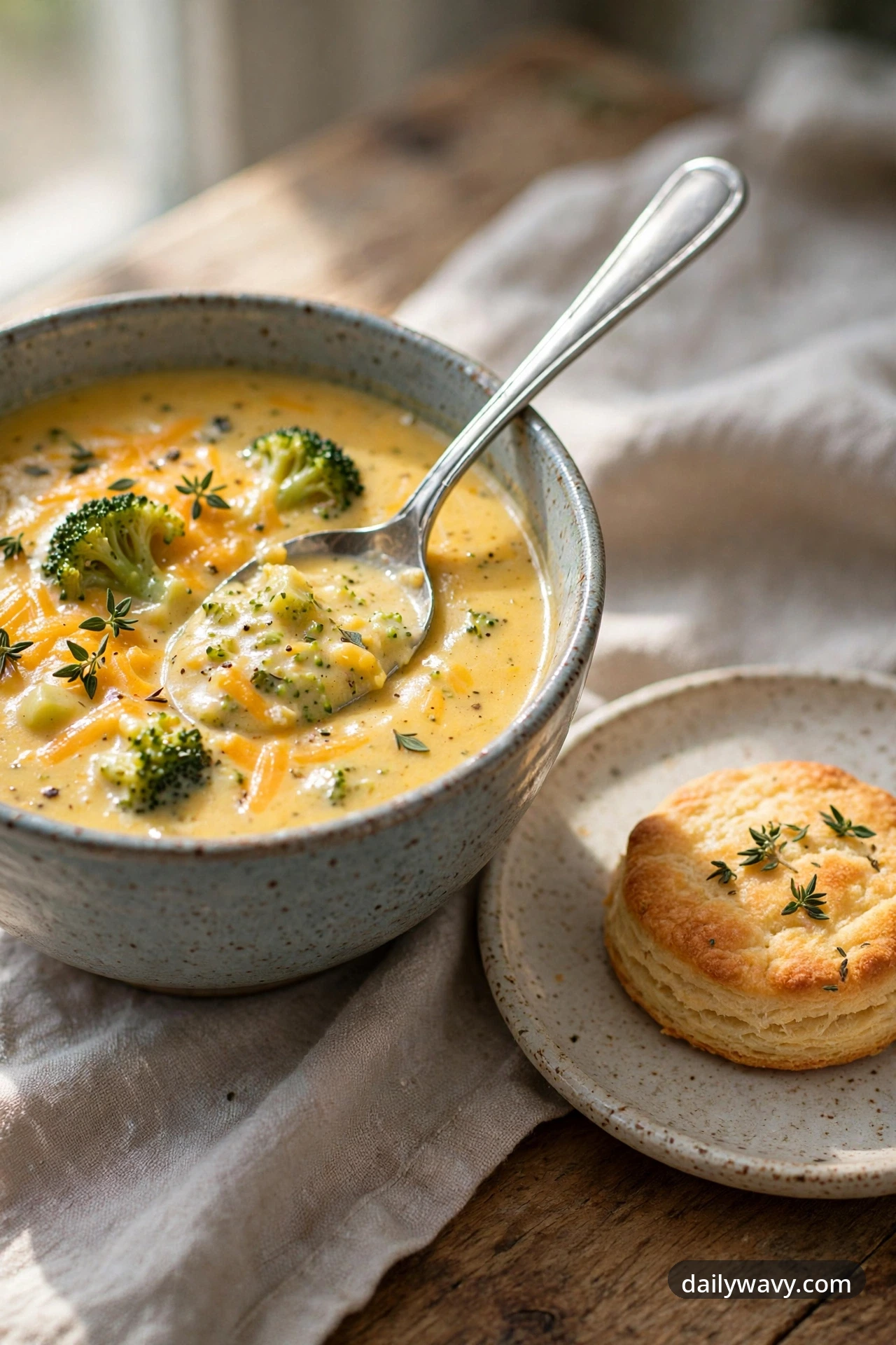 Broccoli cheddar soup with thyme biscuits in a ceramic bowl with a spoon showing the biscuit on the side