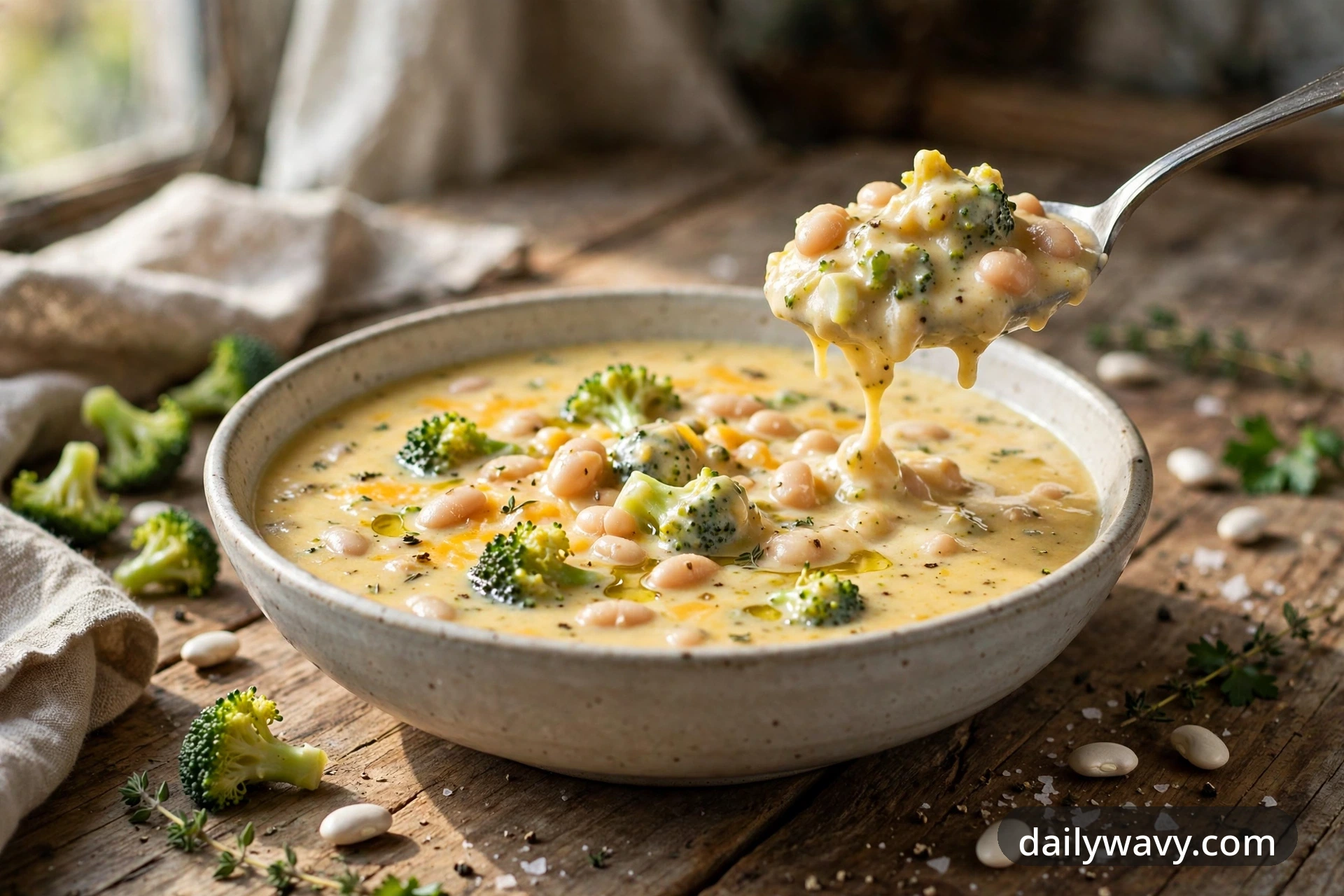Creamy broccoli cheddar soup in a ceramic bowl, styled with fresh toppings