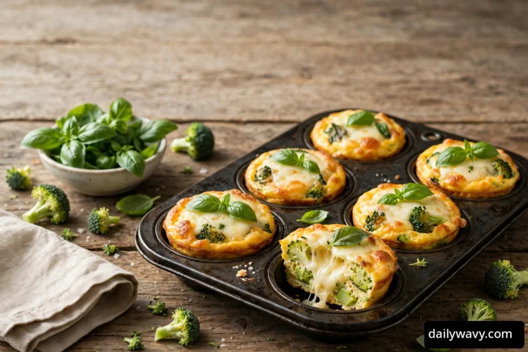 Tray of golden broccoli egg muffins cooling on a kitchen counter